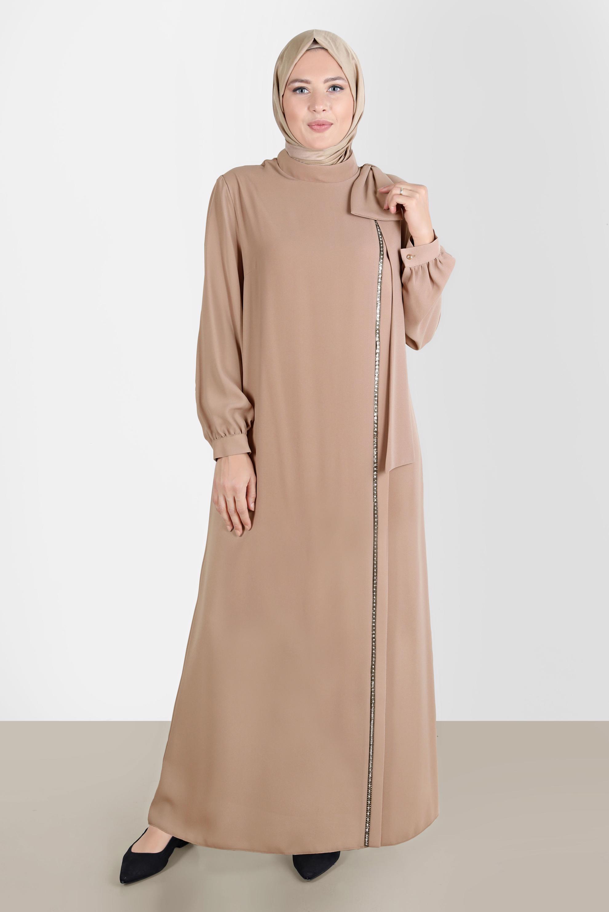 Hijab clothing BEIGE BOW-TIE DETAIL CREPE DRESS WITH GEM 20234 
