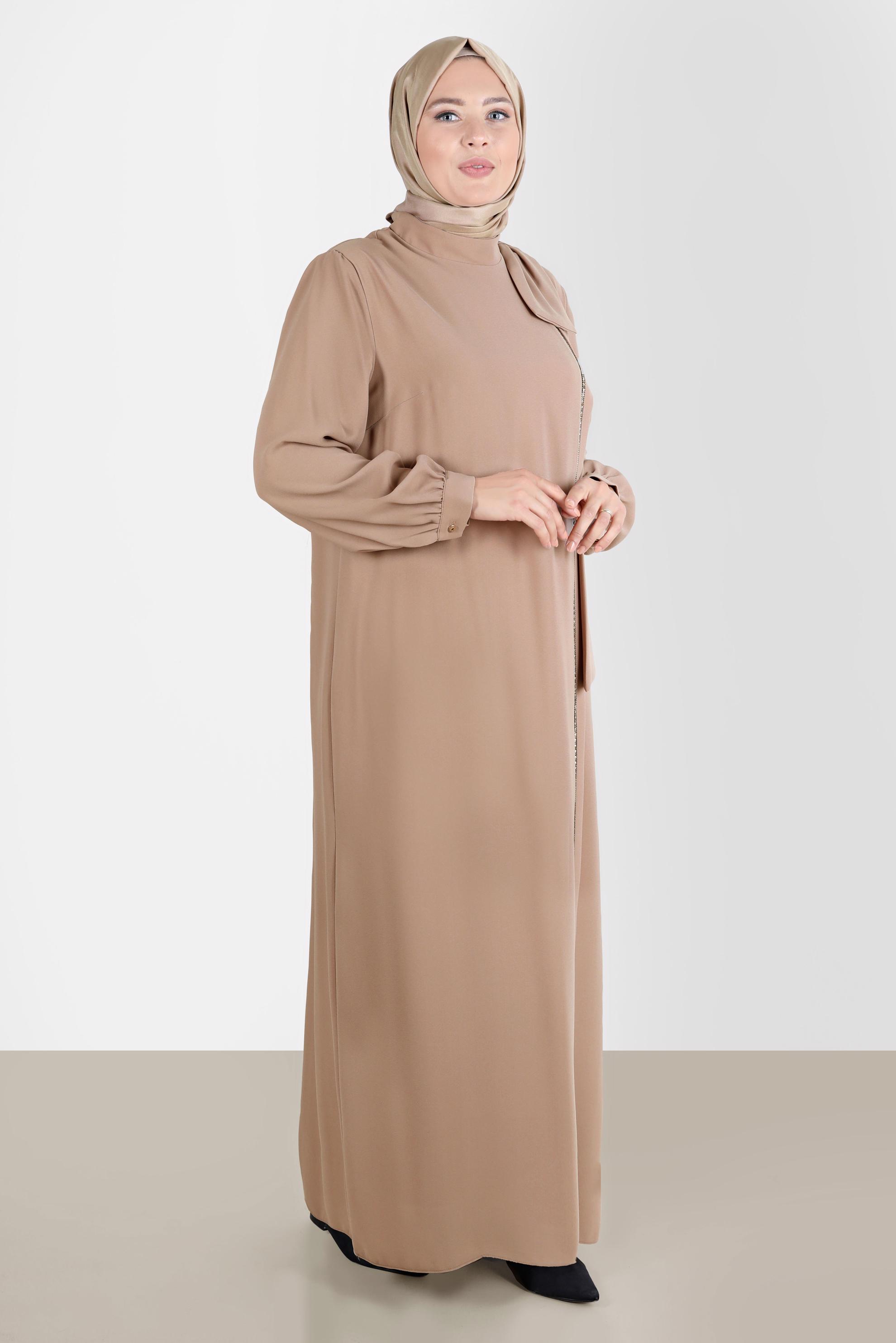 Hijab clothing BEIGE BOW-TIE DETAIL CREPE DRESS WITH GEM 20234 