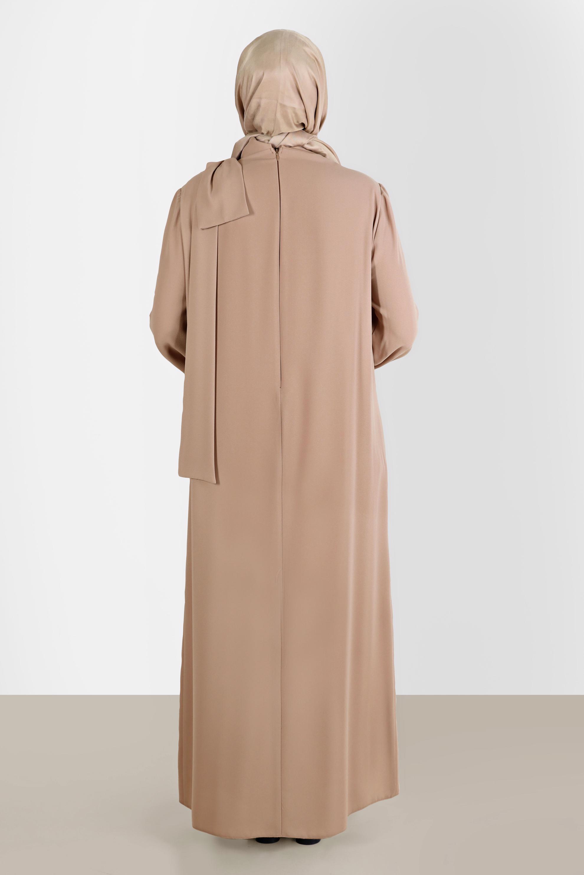 Hijab clothing BEIGE BOW-TIE DETAIL CREPE DRESS WITH GEM 20234 