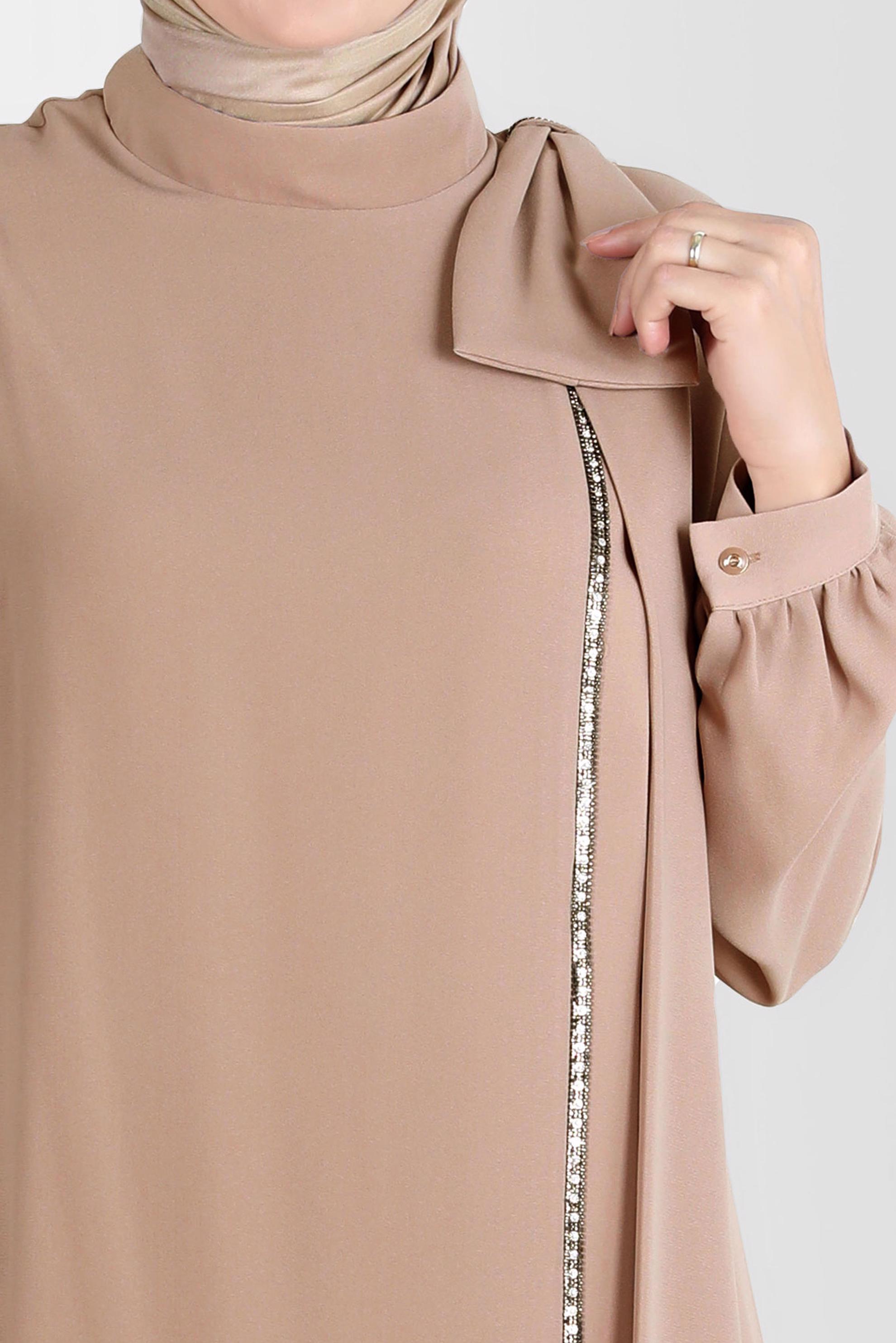 Hijab clothing BEIGE BOW-TIE DETAIL CREPE DRESS WITH GEM 20234 