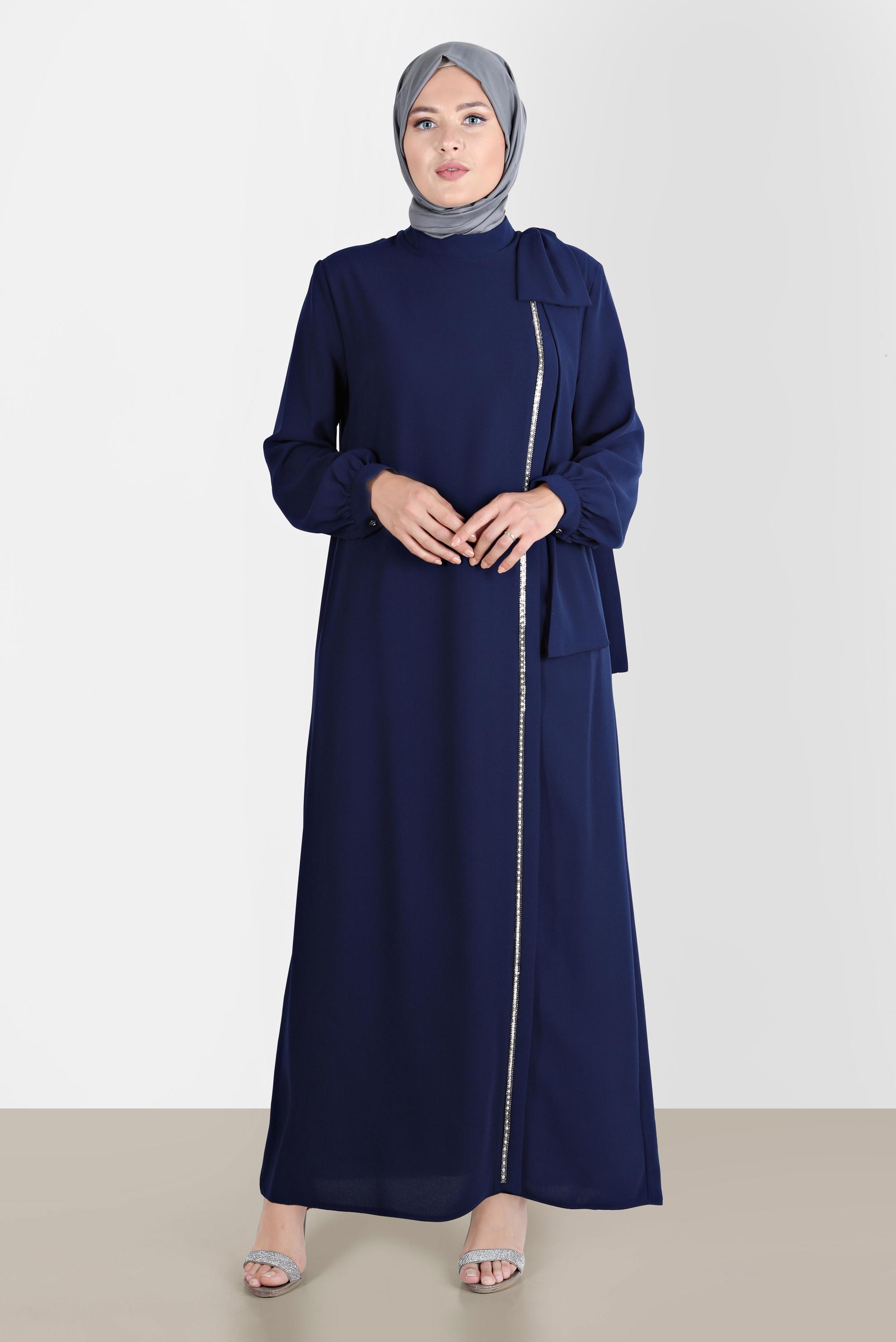 Hijab clothing NAVY BLUE BOW-TIE DETAIL CREPE DRESS WITH GEM 20234 