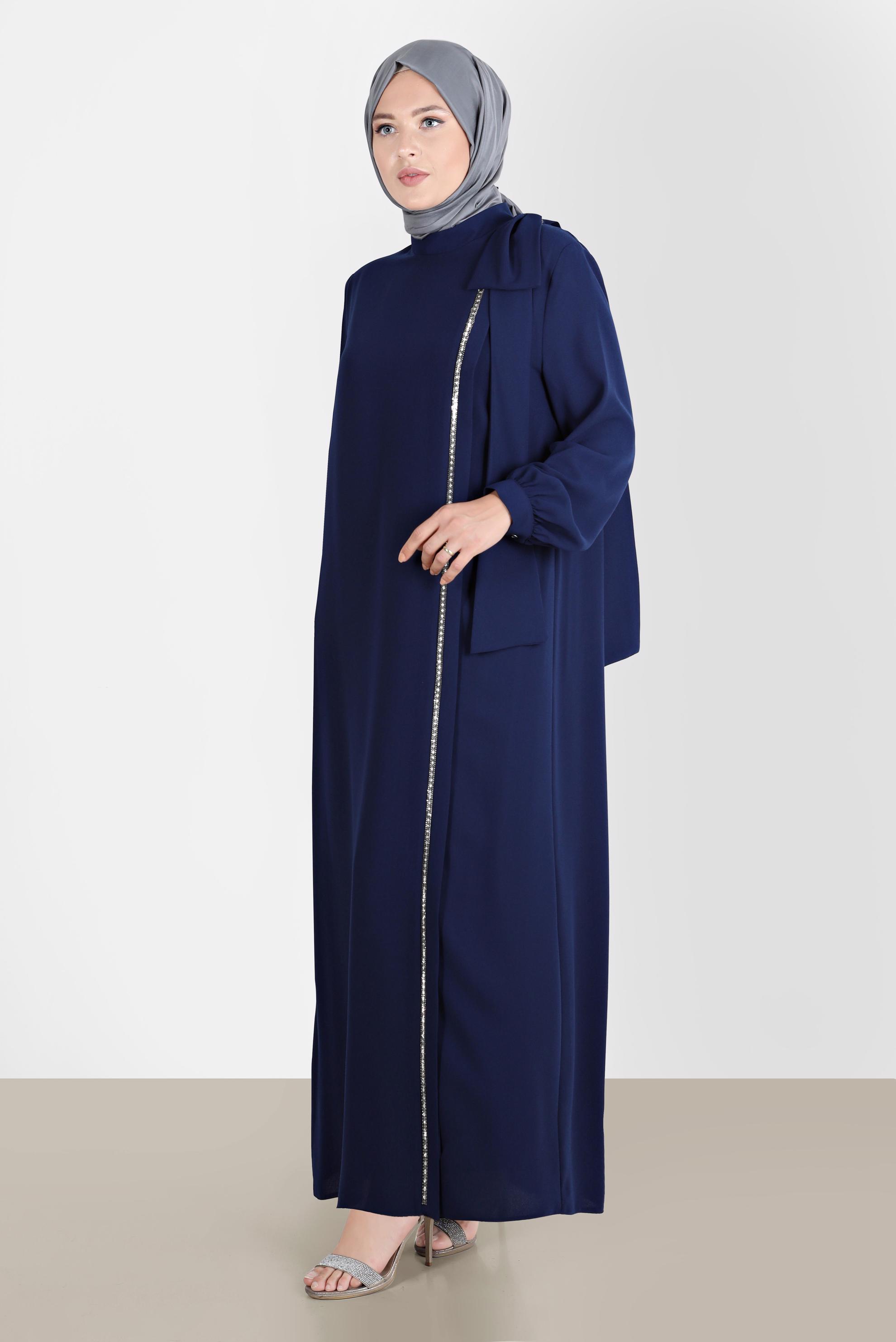 Hijab clothing NAVY BLUE BOW-TIE DETAIL CREPE DRESS WITH GEM 20234 