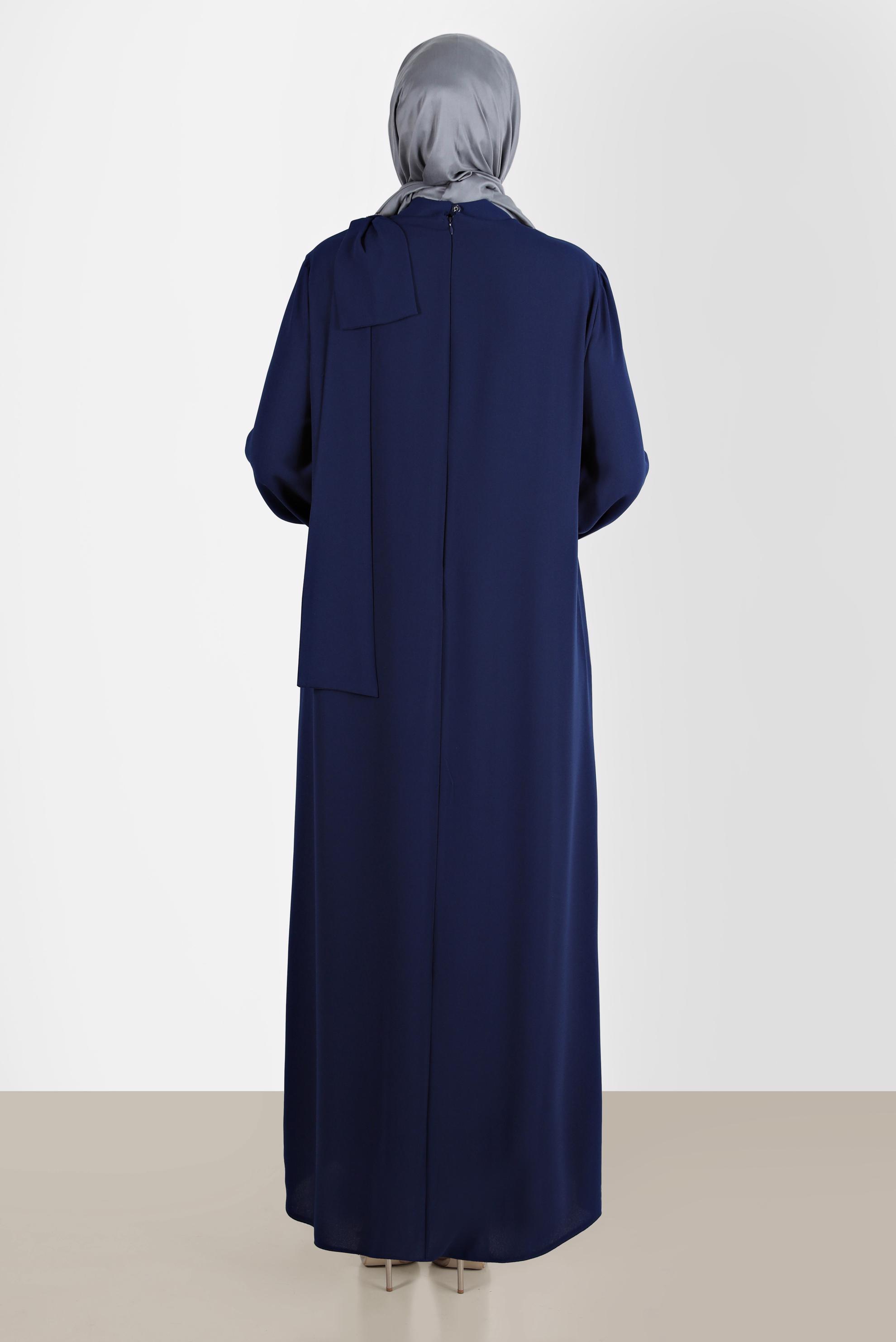 Hijab clothing NAVY BLUE BOW-TIE DETAIL CREPE DRESS WITH GEM 20234 