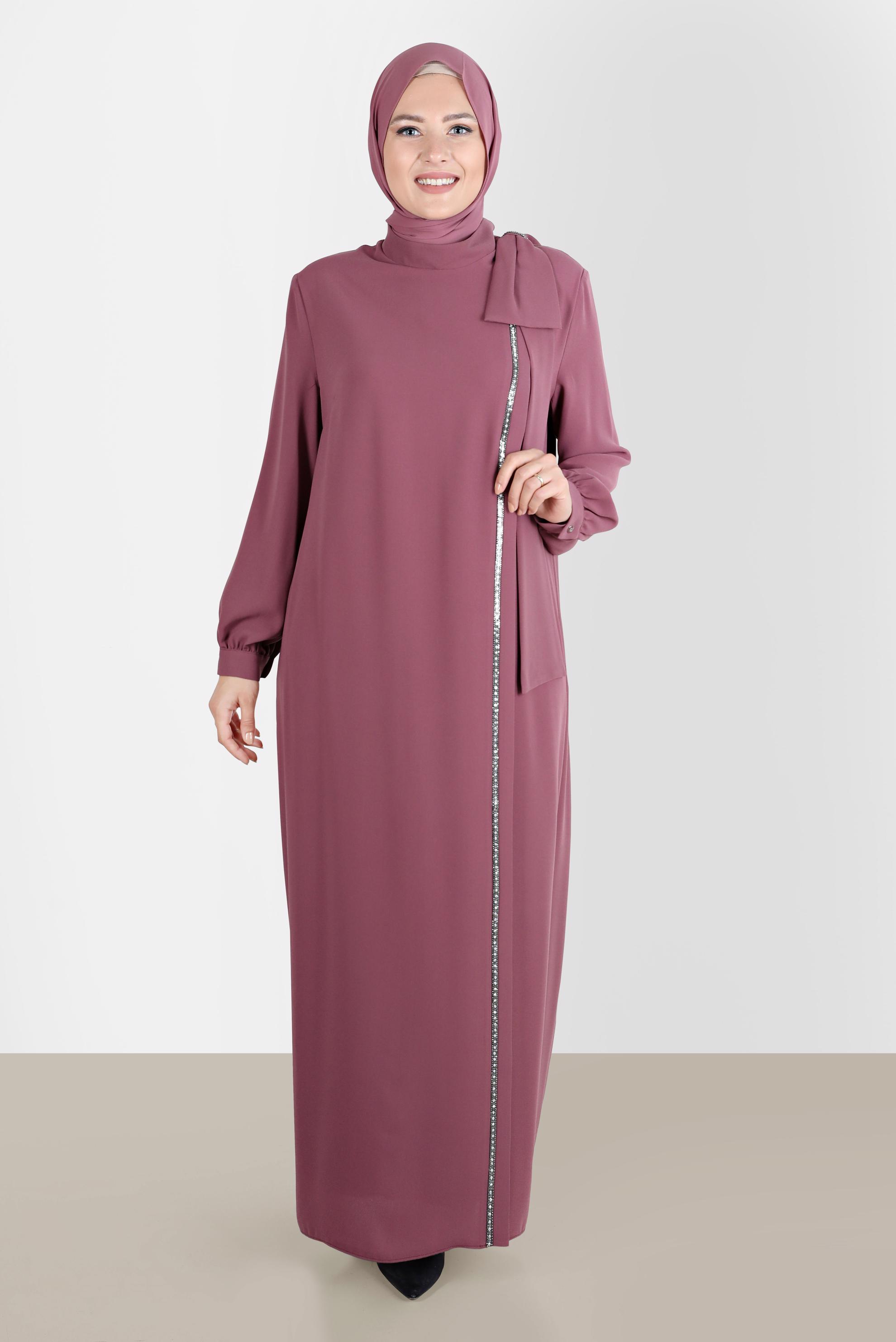 Hijab clothing PINK BOW-TIE DETAIL CREPE DRESS WITH GEM 20234 