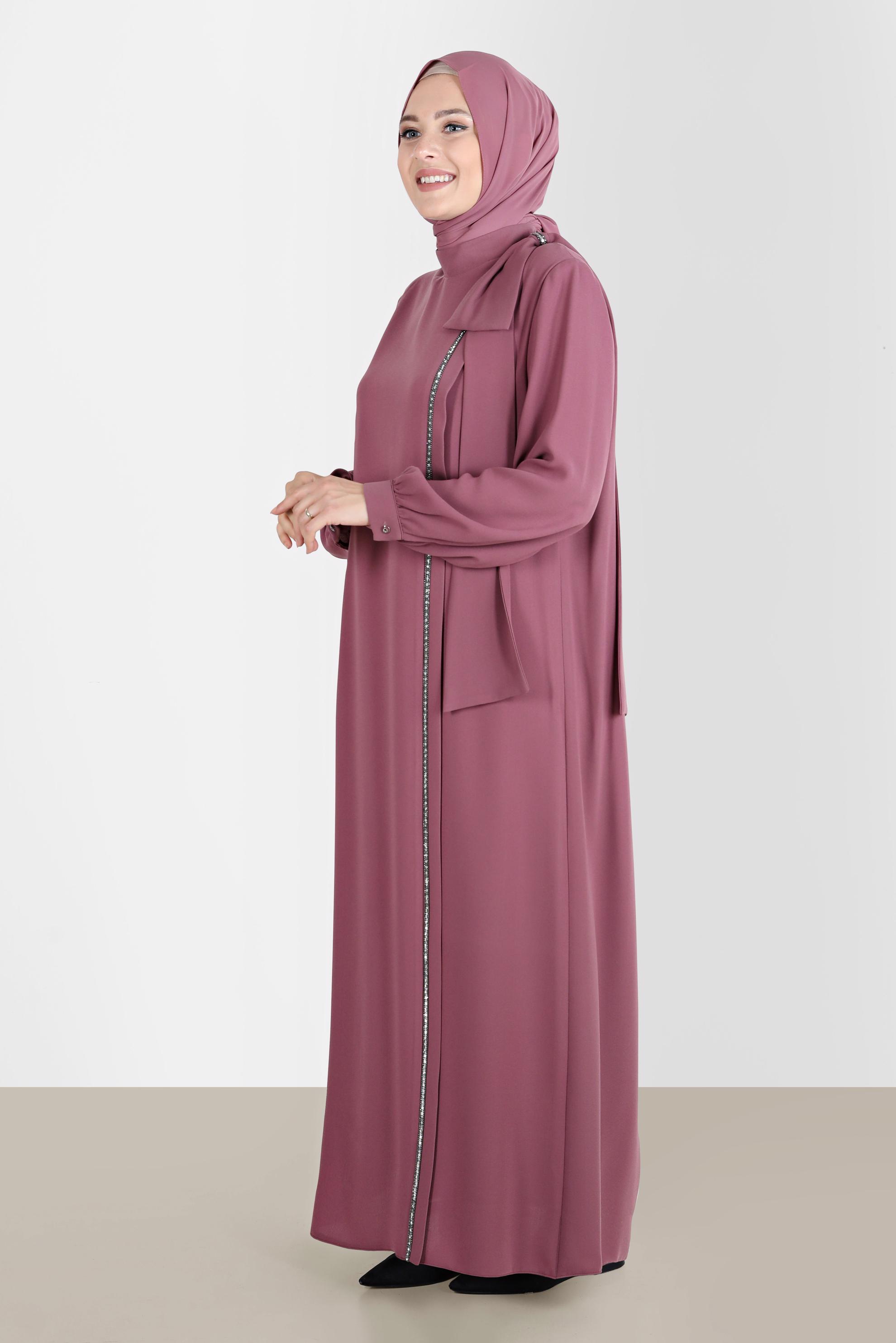 Hijab clothing PINK BOW-TIE DETAIL CREPE DRESS WITH GEM 20234 