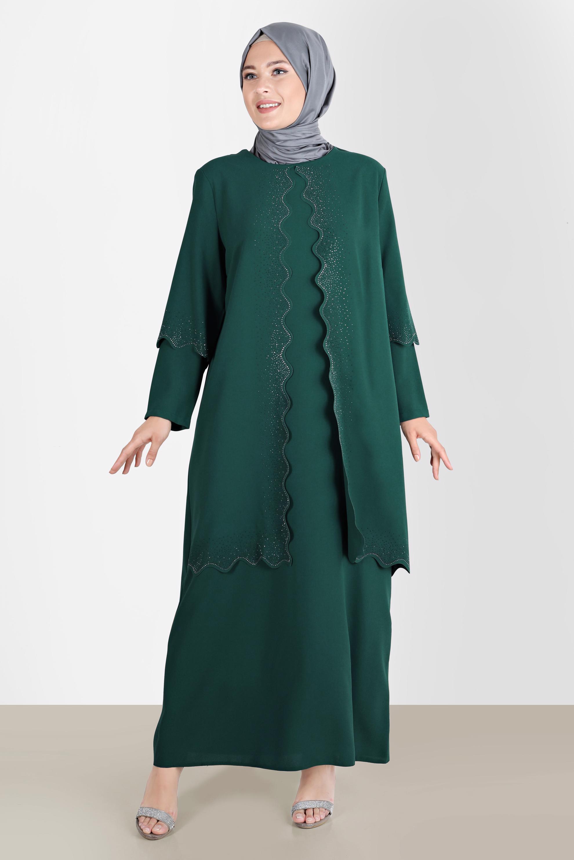 Hijab clothing GREEN CREPE DRESS WITH GEM 20244 