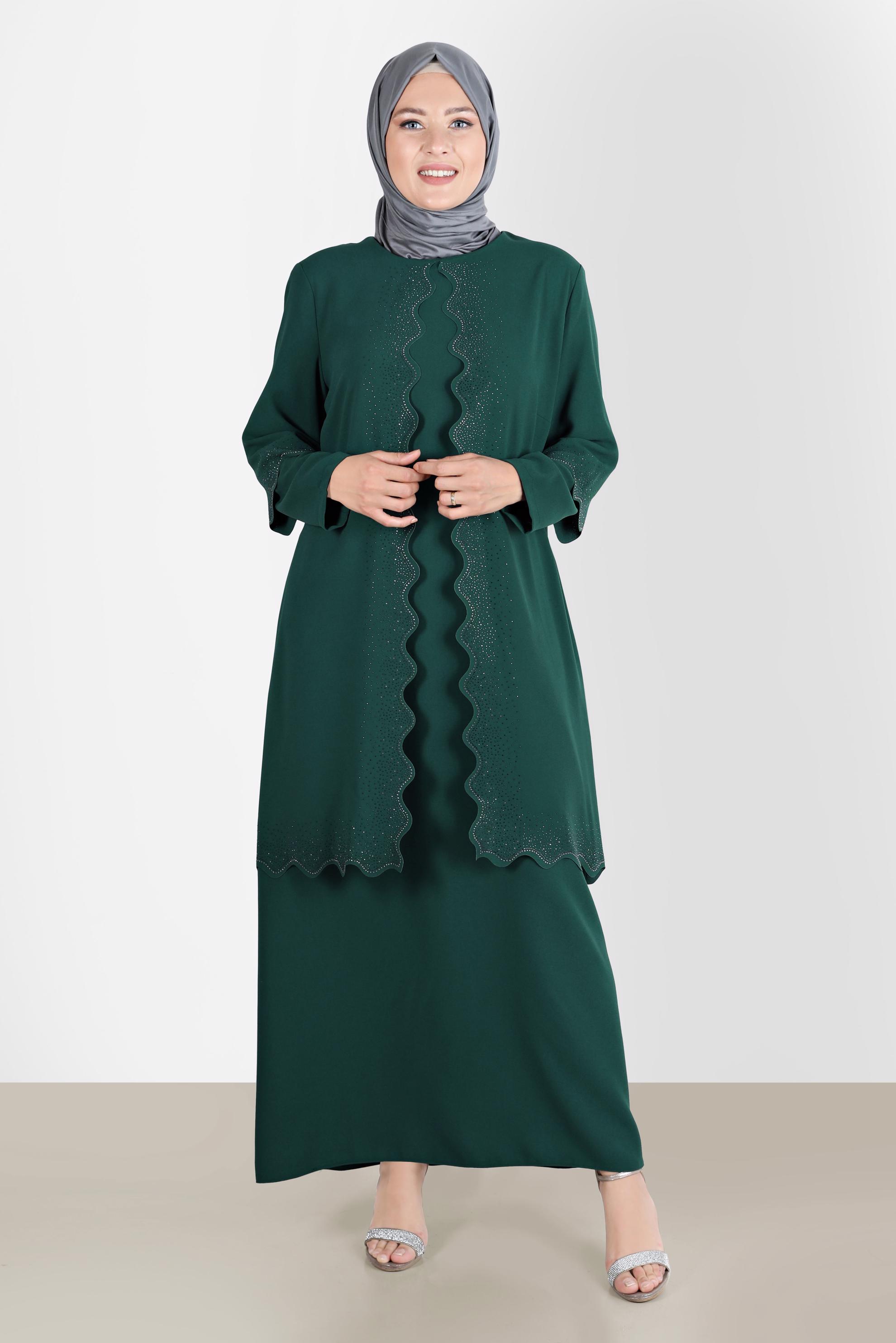 Hijab clothing GREEN CREPE DRESS WITH GEM 20244 