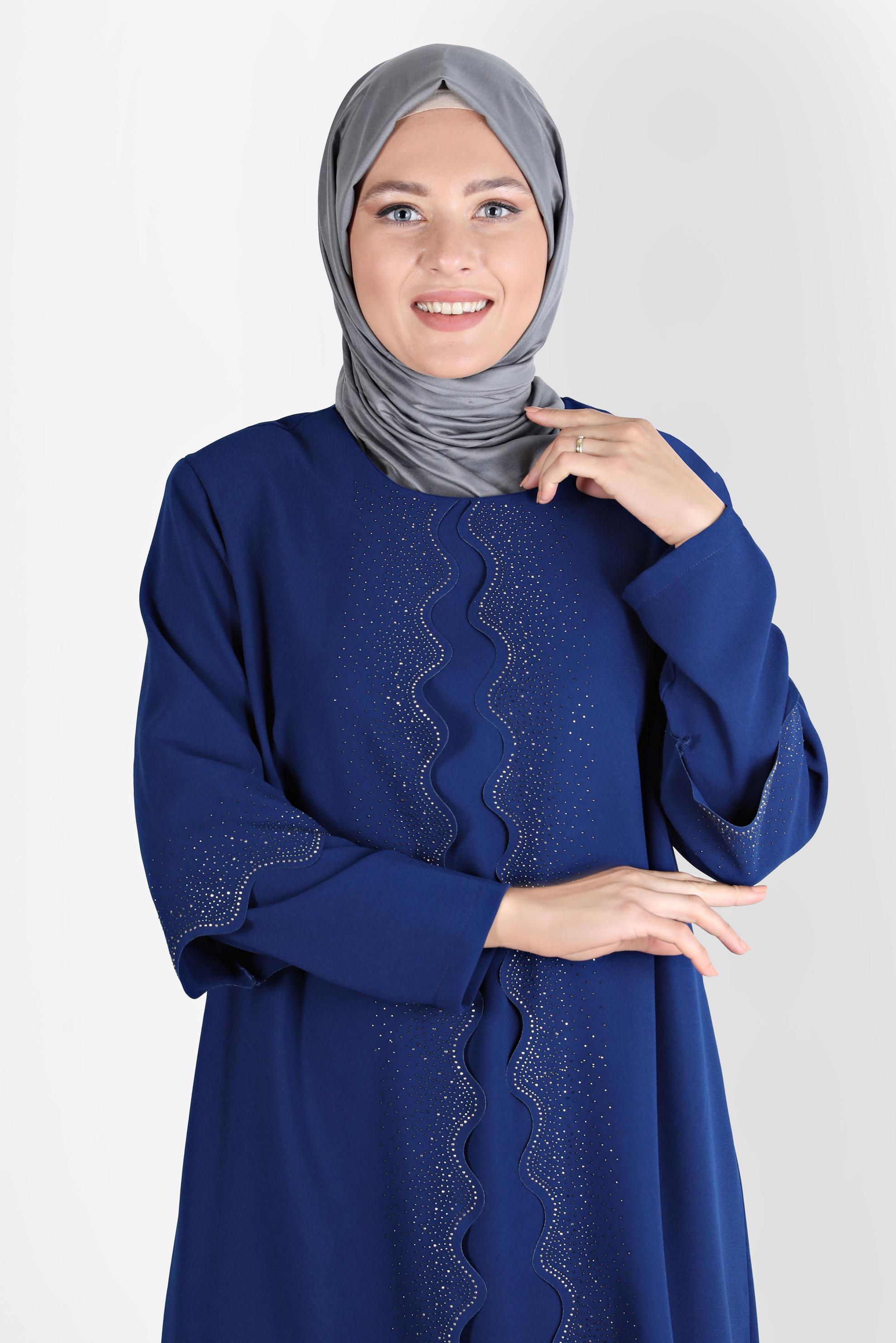 Tesettür giyim LACİVERT TAŞLI KREP ELBİSE 20244 