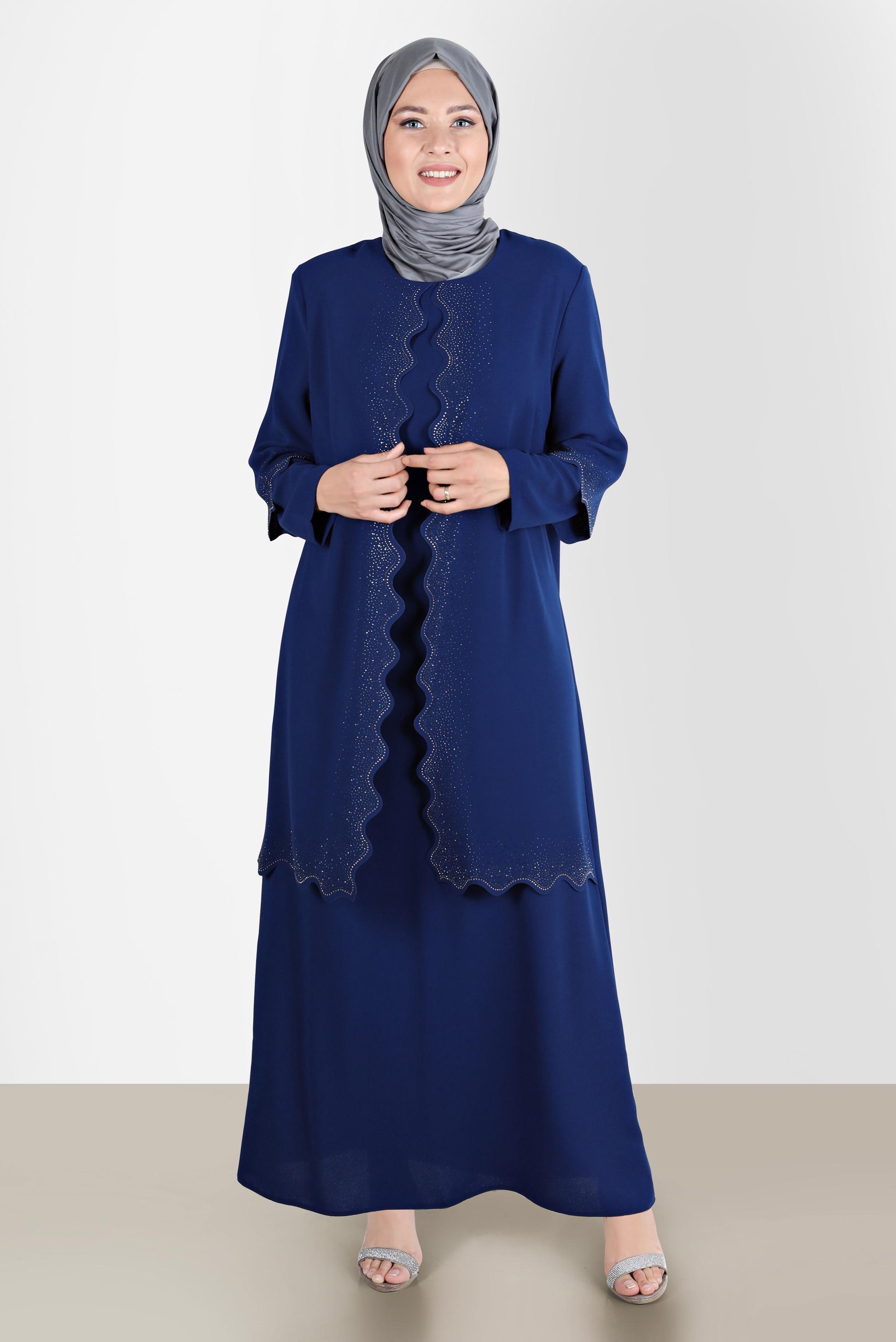 Tesettür giyim LACİVERT TAŞLI KREP ELBİSE 20244 