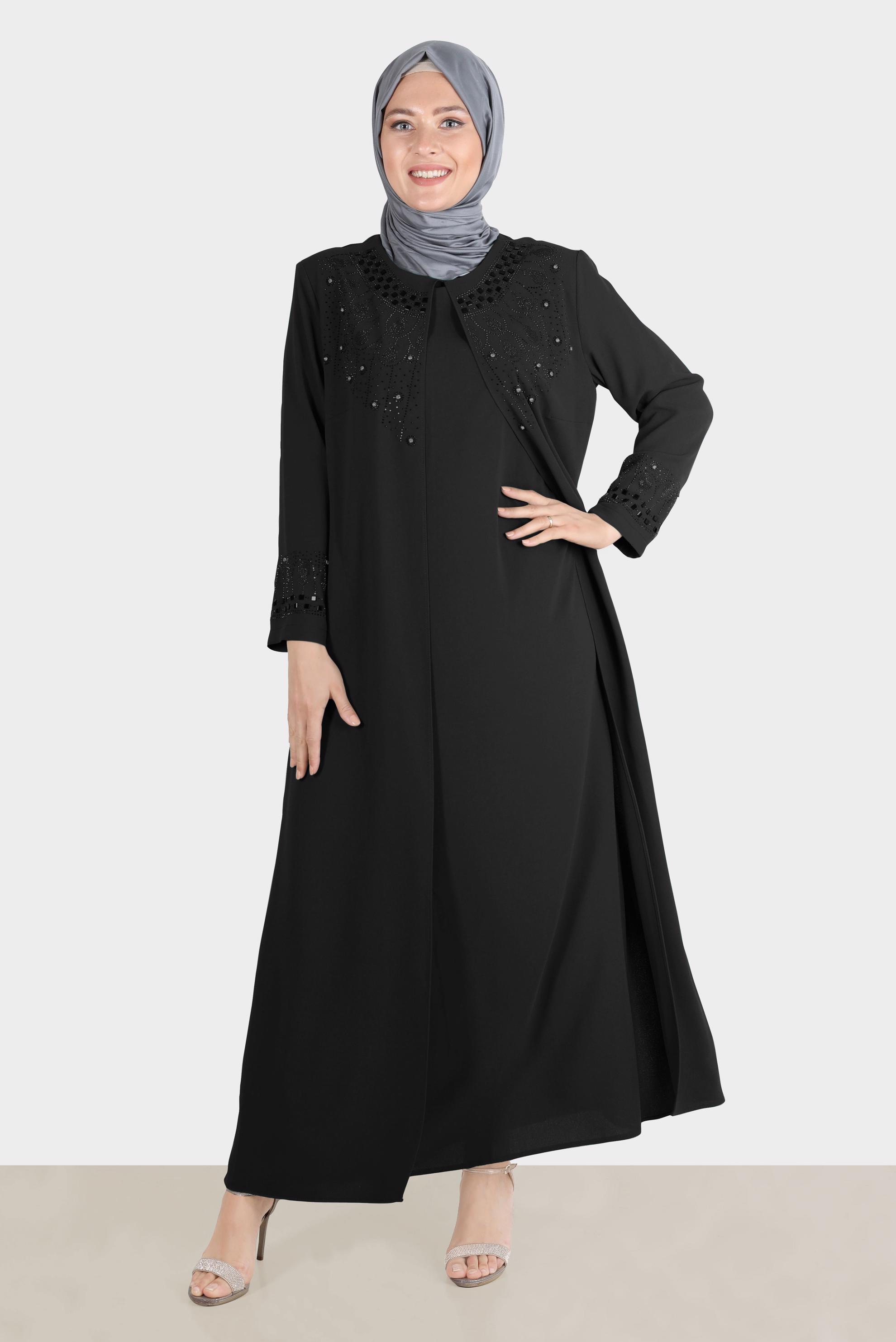 Tesettür giyim SİYAH TAŞ BASKILI KREP ELBİSE 20245 