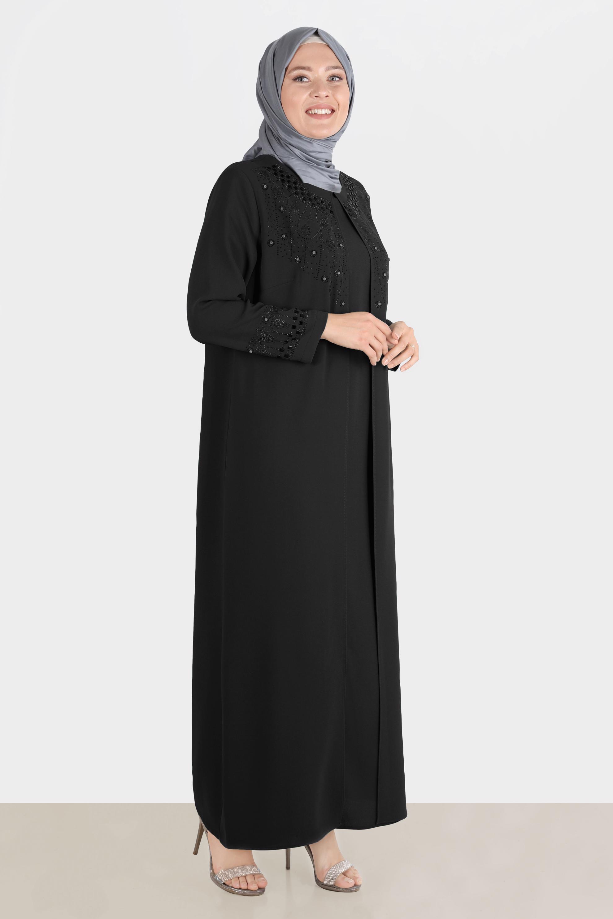 Tesettür giyim SİYAH TAŞ BASKILI KREP ELBİSE 20245 