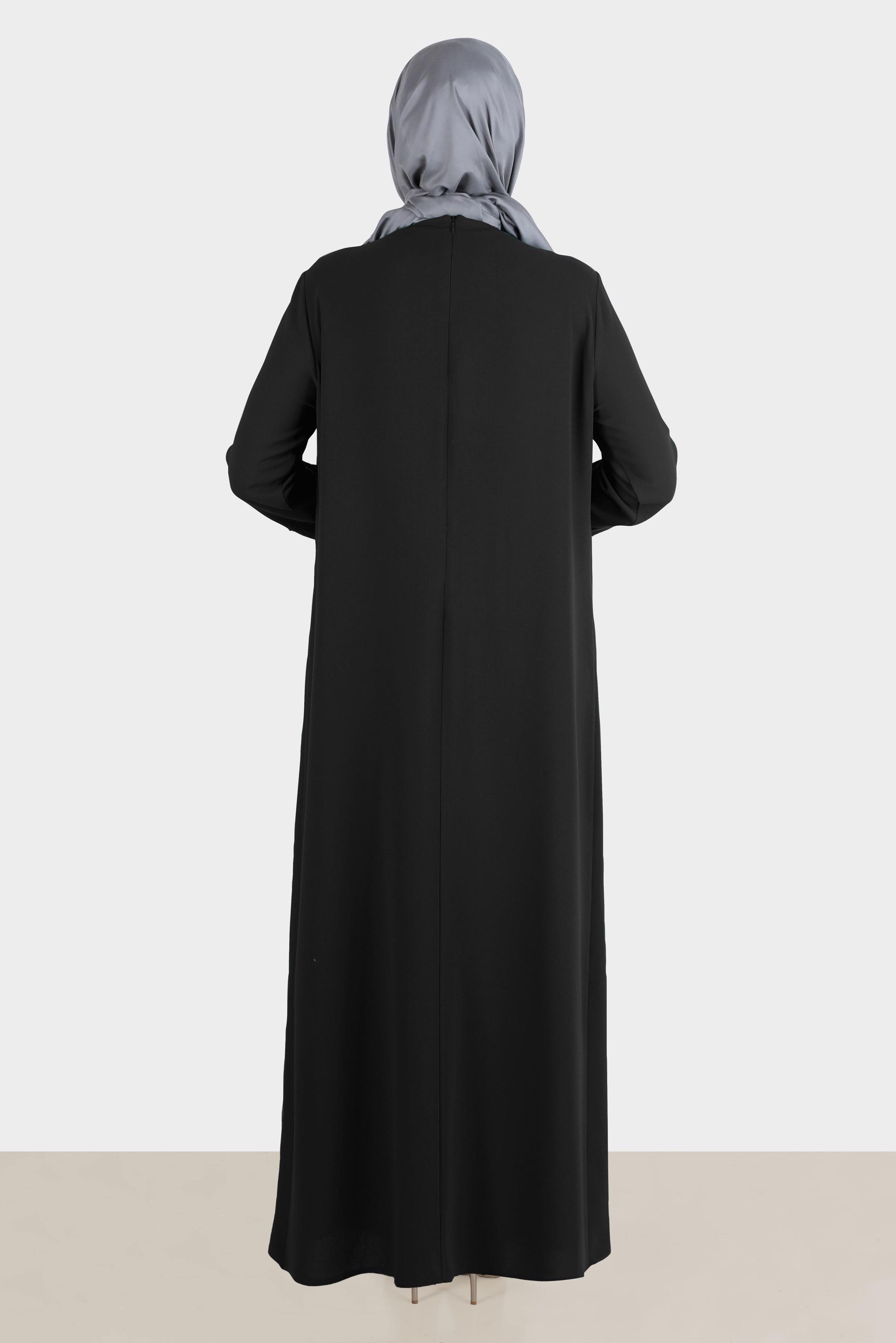 Tesettür giyim SİYAH TAŞ BASKILI KREP ELBİSE 20245 