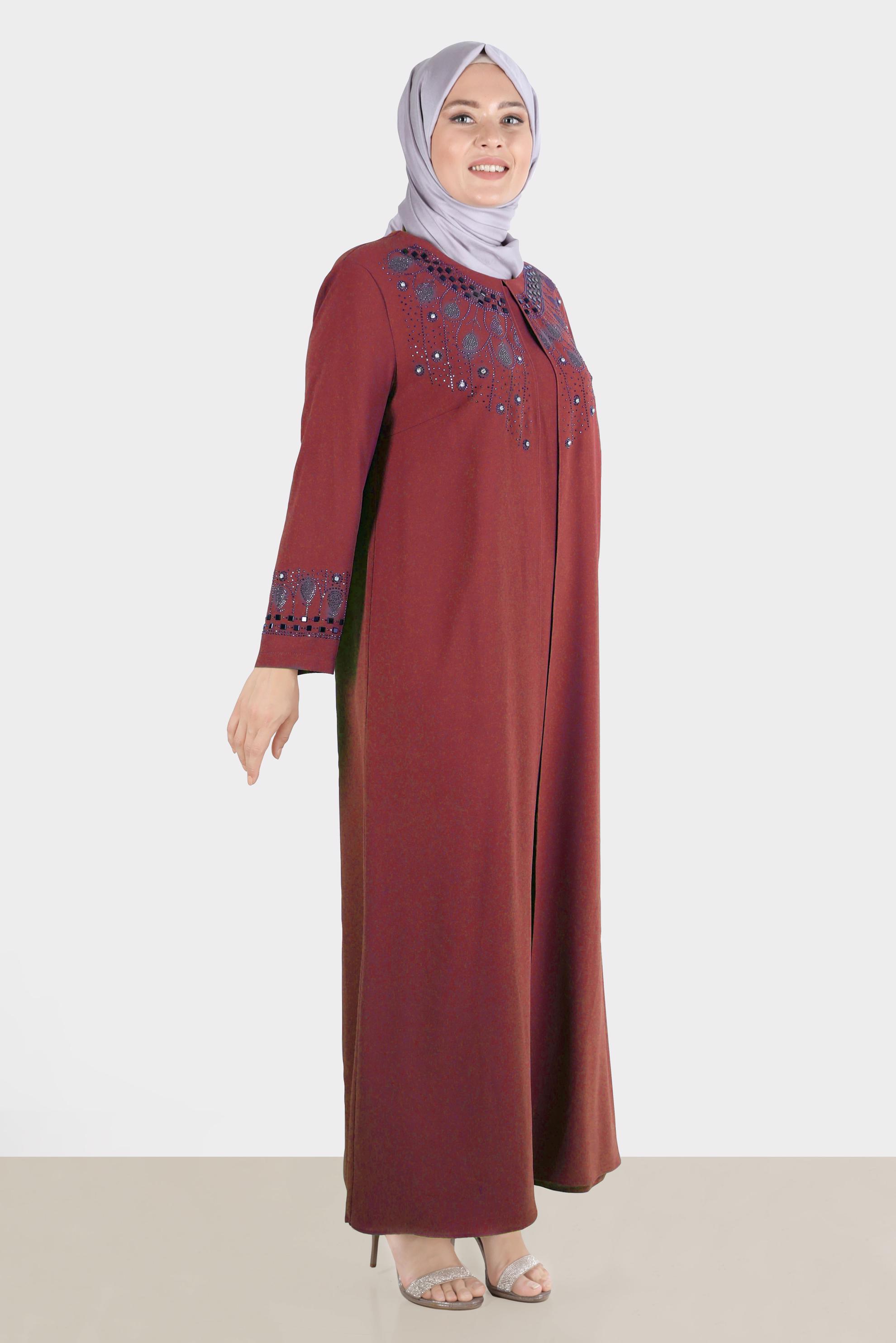 Tesettür giyim TURUNCU TAŞ BASKILI KREP ELBİSE 20245 