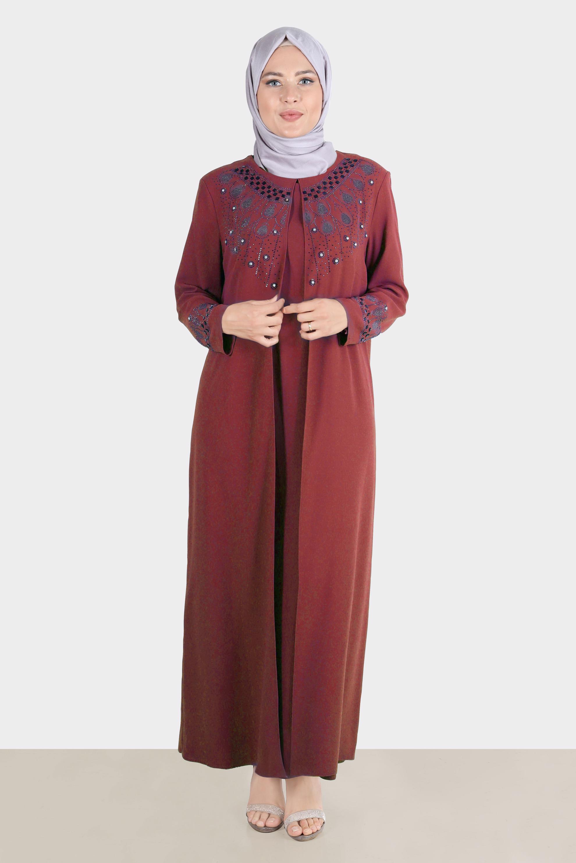 Tesettür giyim TURUNCU TAŞ BASKILI KREP ELBİSE 20245 