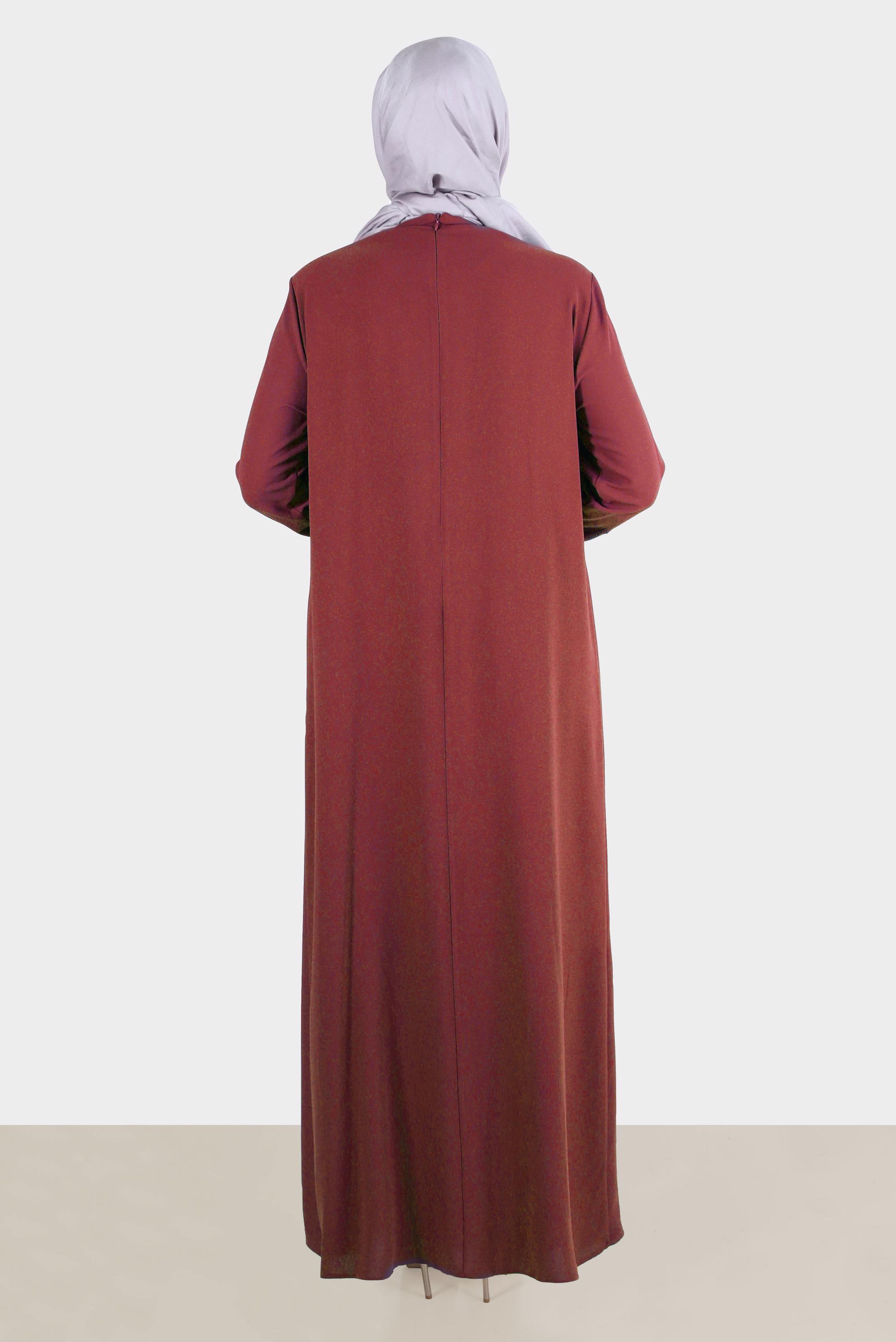 Tesettür giyim TURUNCU TAŞ BASKILI KREP ELBİSE 20245 