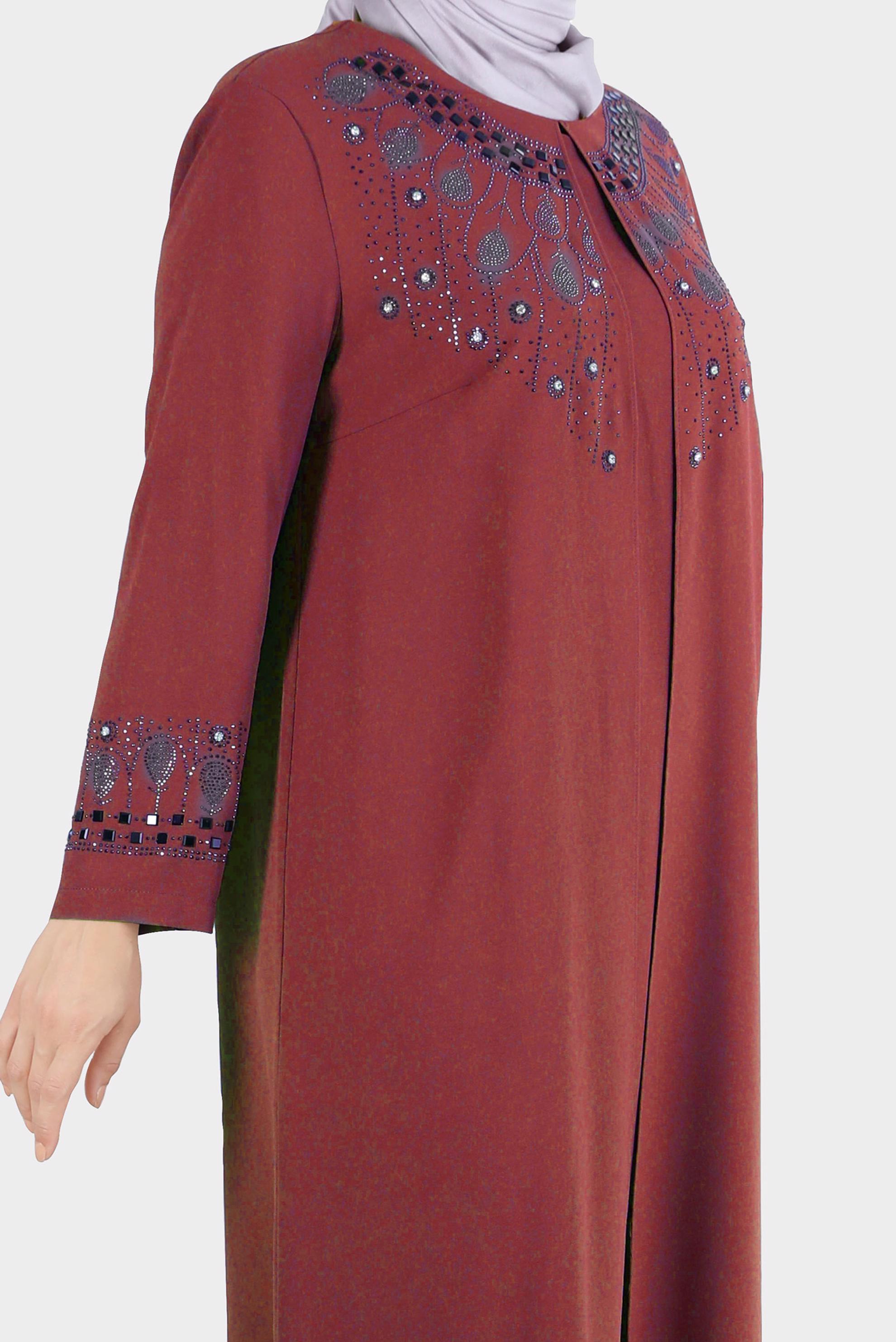 Tesettür giyim TURUNCU TAŞ BASKILI KREP ELBİSE 20245 