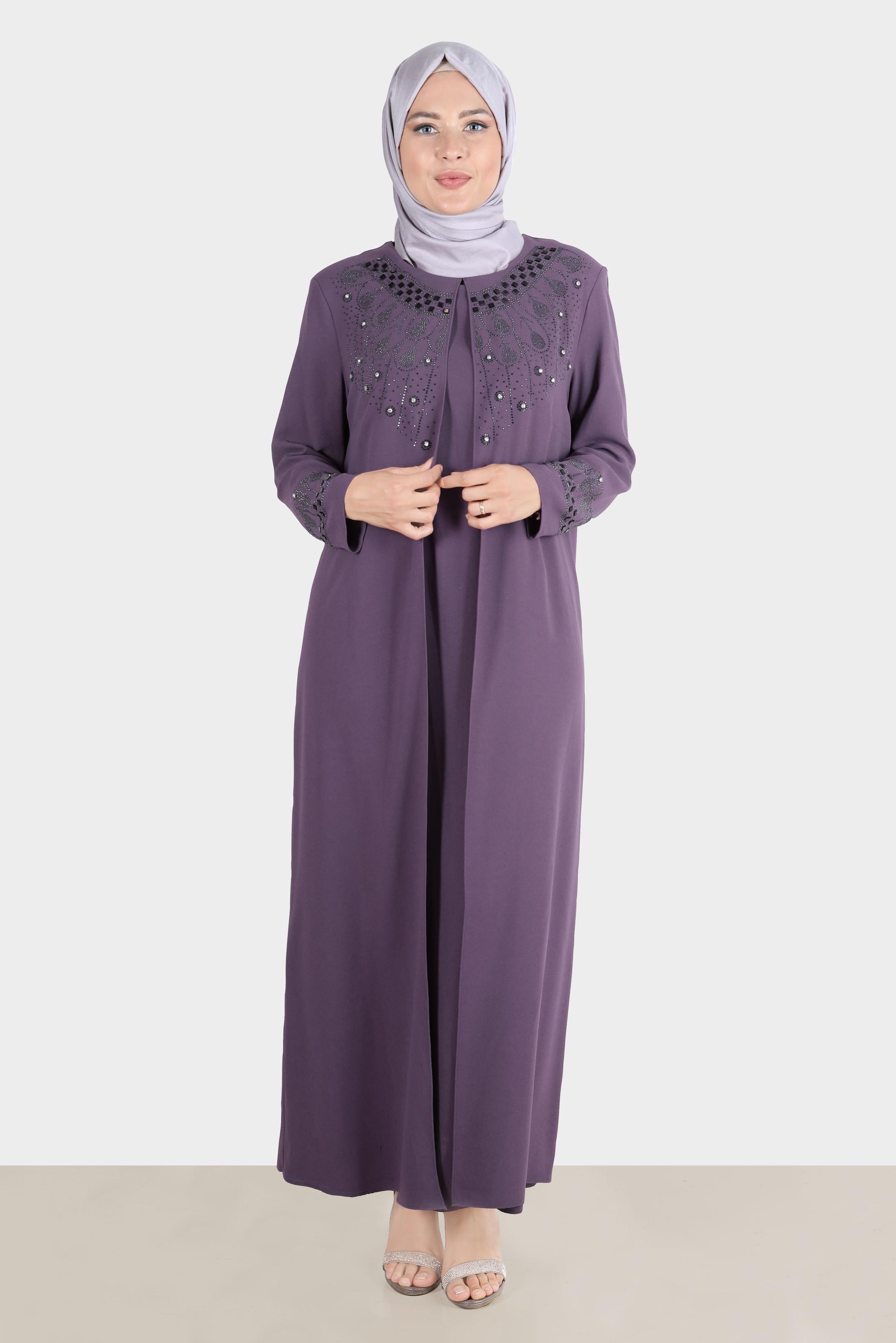 Tesettür giyim PEMBE TAŞ BASKILI KREP ELBİSE 20245 