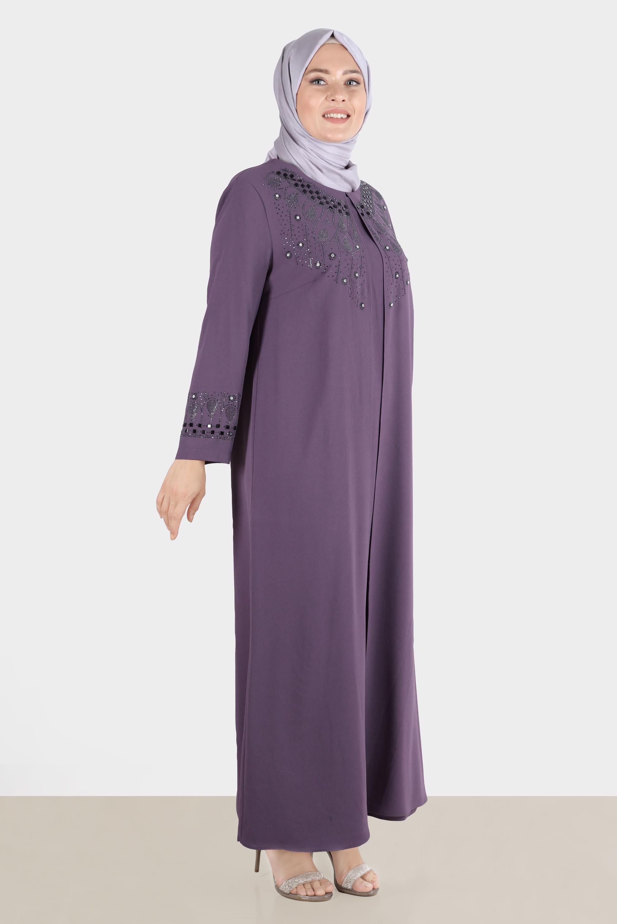 Tesettür giyim PEMBE TAŞ BASKILI KREP ELBİSE 20245 