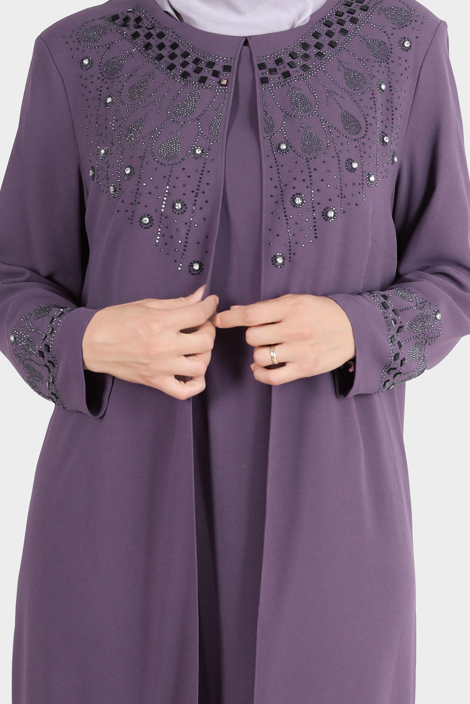 Tesettür giyim PEMBE TAŞ BASKILI KREP ELBİSE 20245 