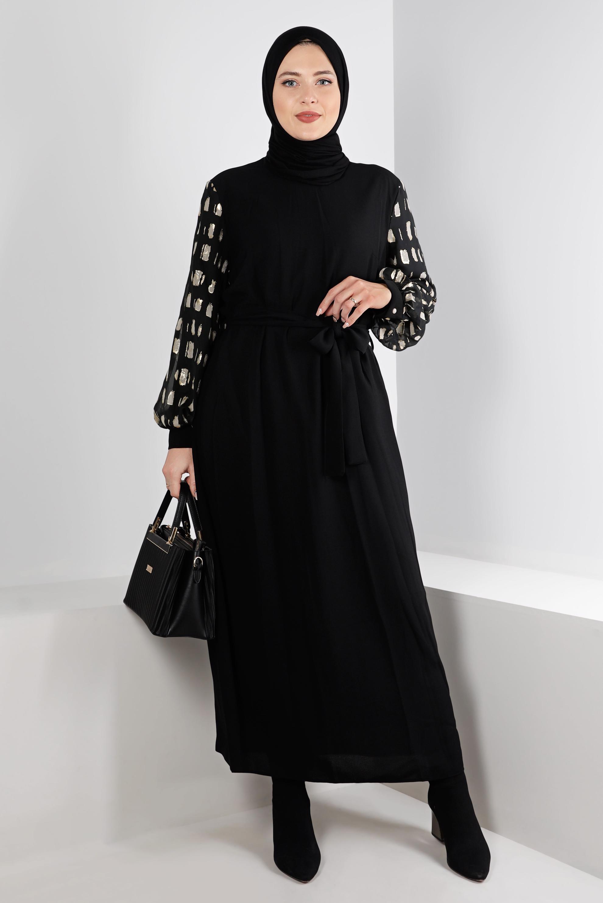 Hijab clothing BLACK BELTED ZİPPERED CREPE DRESS 20253