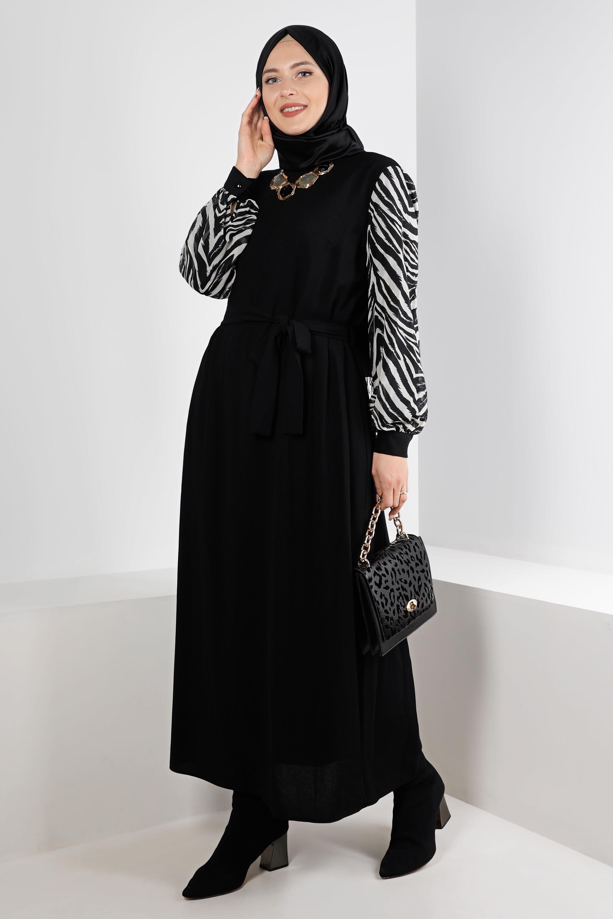 Hijab clothing BLACK BELTED ZİPPERED CREPE DRESS 20253