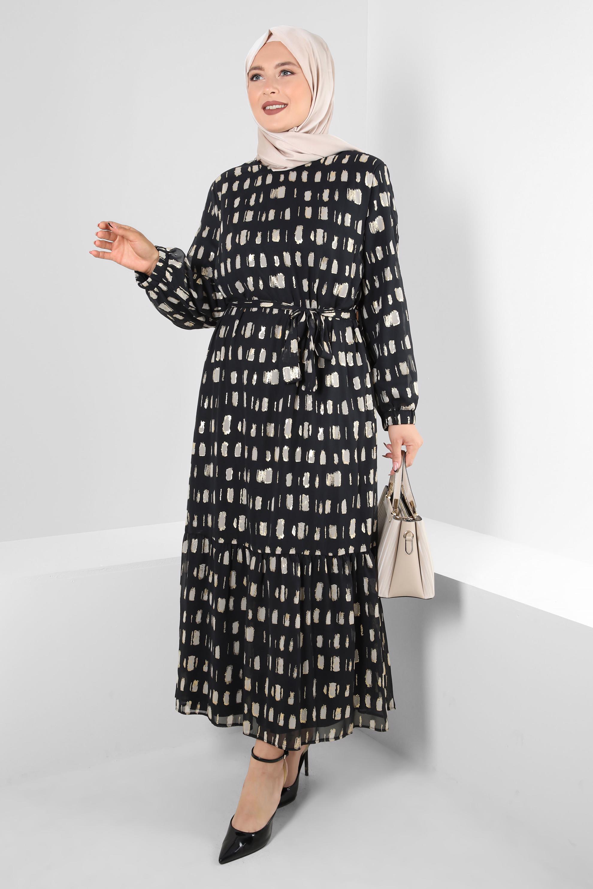 Tesettür giyim SİYAH DESENLİ KUŞAKLI BİSİKLET YAKA ELBİSE 20254 