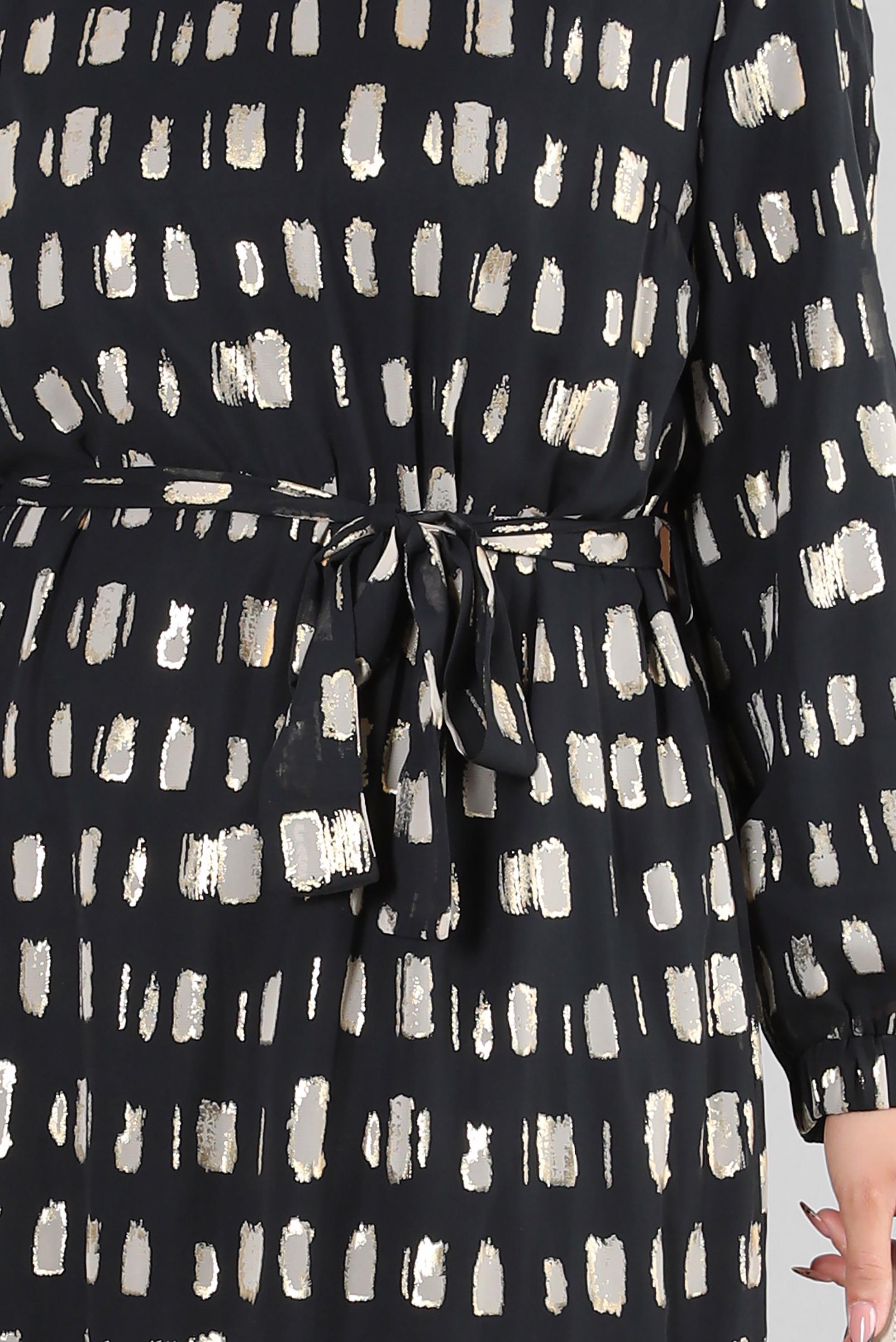 Tesettür giyim SİYAH DESENLİ KUŞAKLI BİSİKLET YAKA ELBİSE 20254 