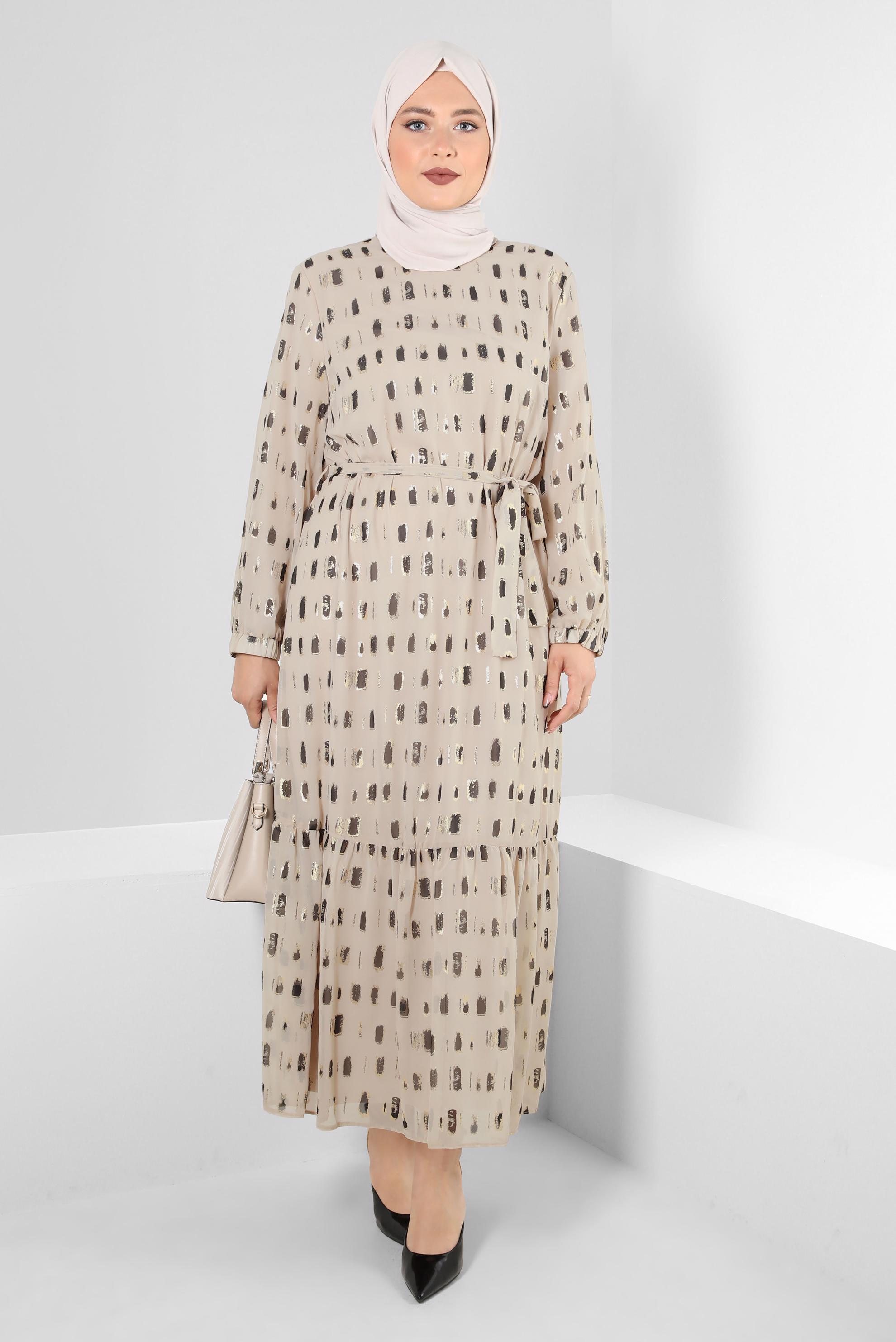 Vêtements hijab BEIGE ROBE COL ROND MOTIF AVEC CEINTURE 20254