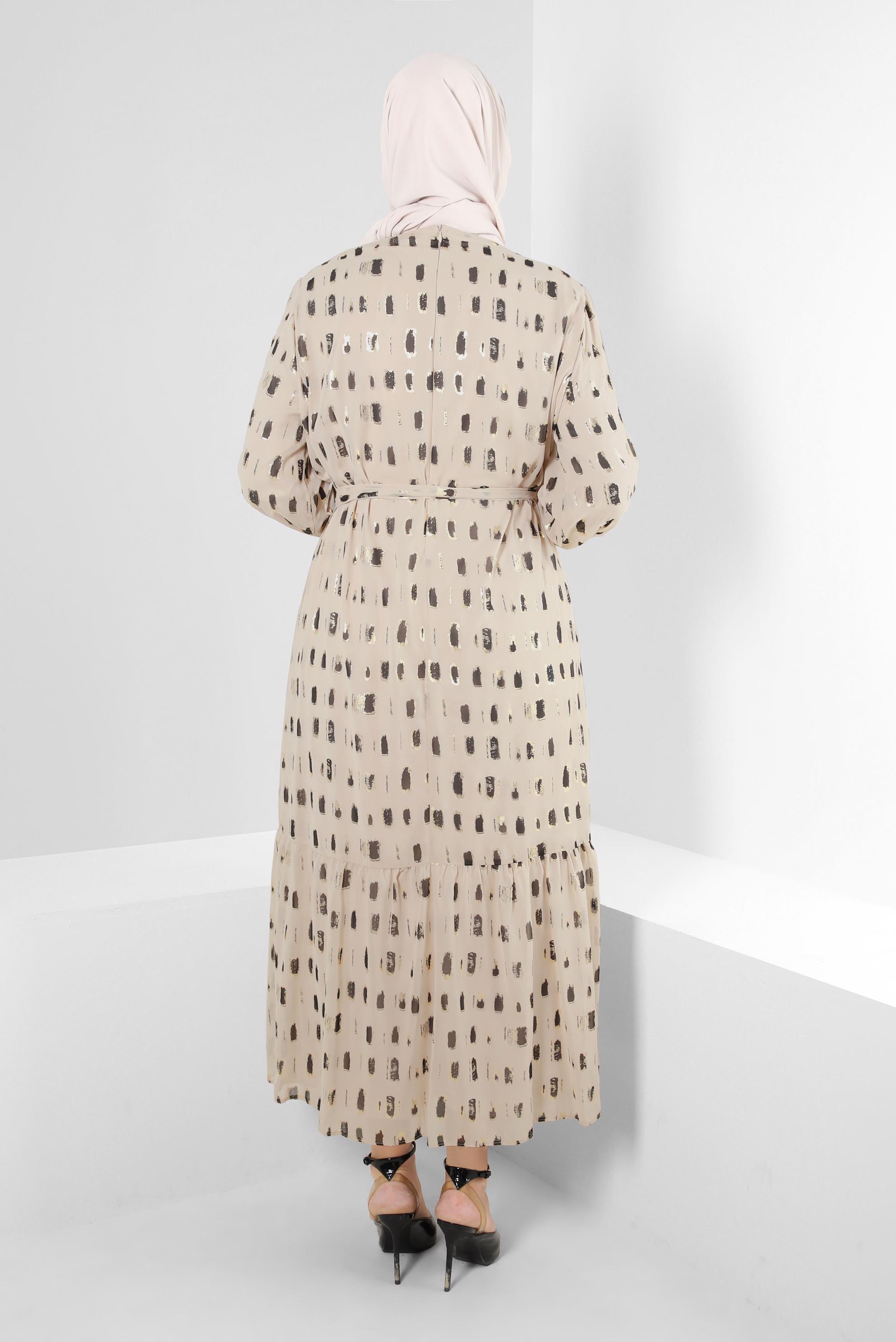 Vêtements hijab BEIGE ROBE COL ROND MOTIF AVEC CEINTURE 20254