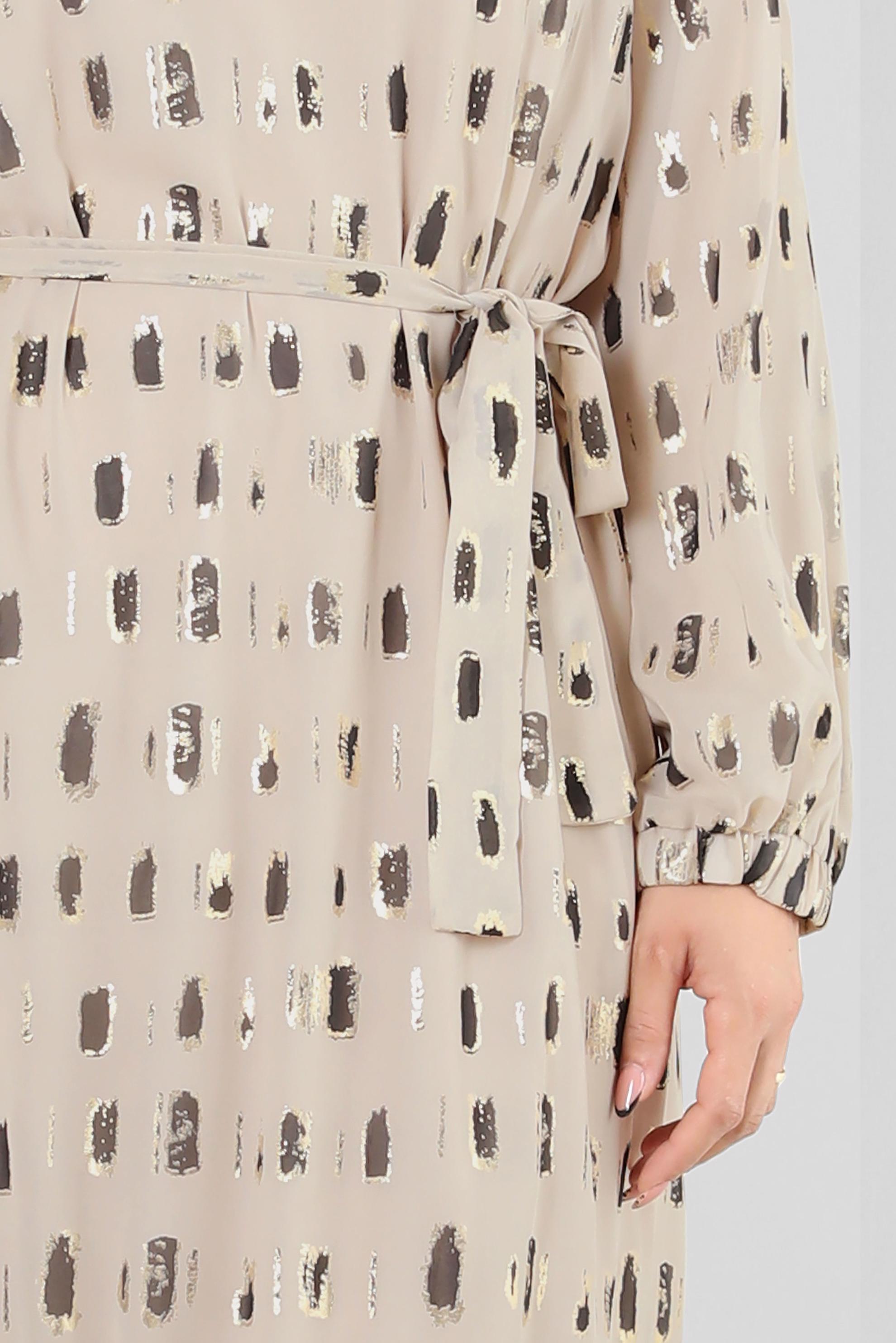 Vêtements hijab BEIGE ROBE COL ROND MOTIF AVEC CEINTURE 20254