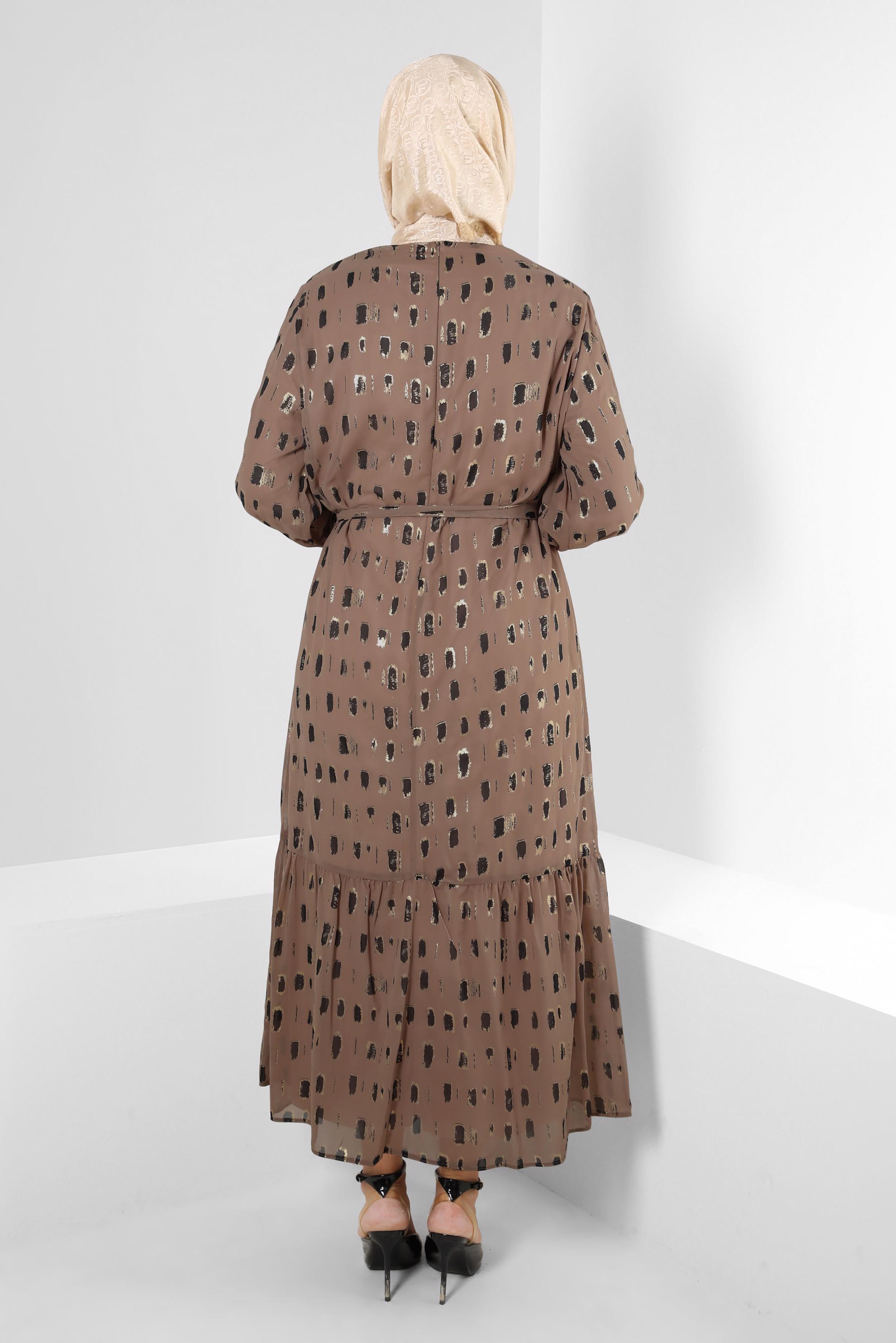 Vêtements hijab BRUN ROBE COL ROND MOTIF AVEC CEINTURE 20254