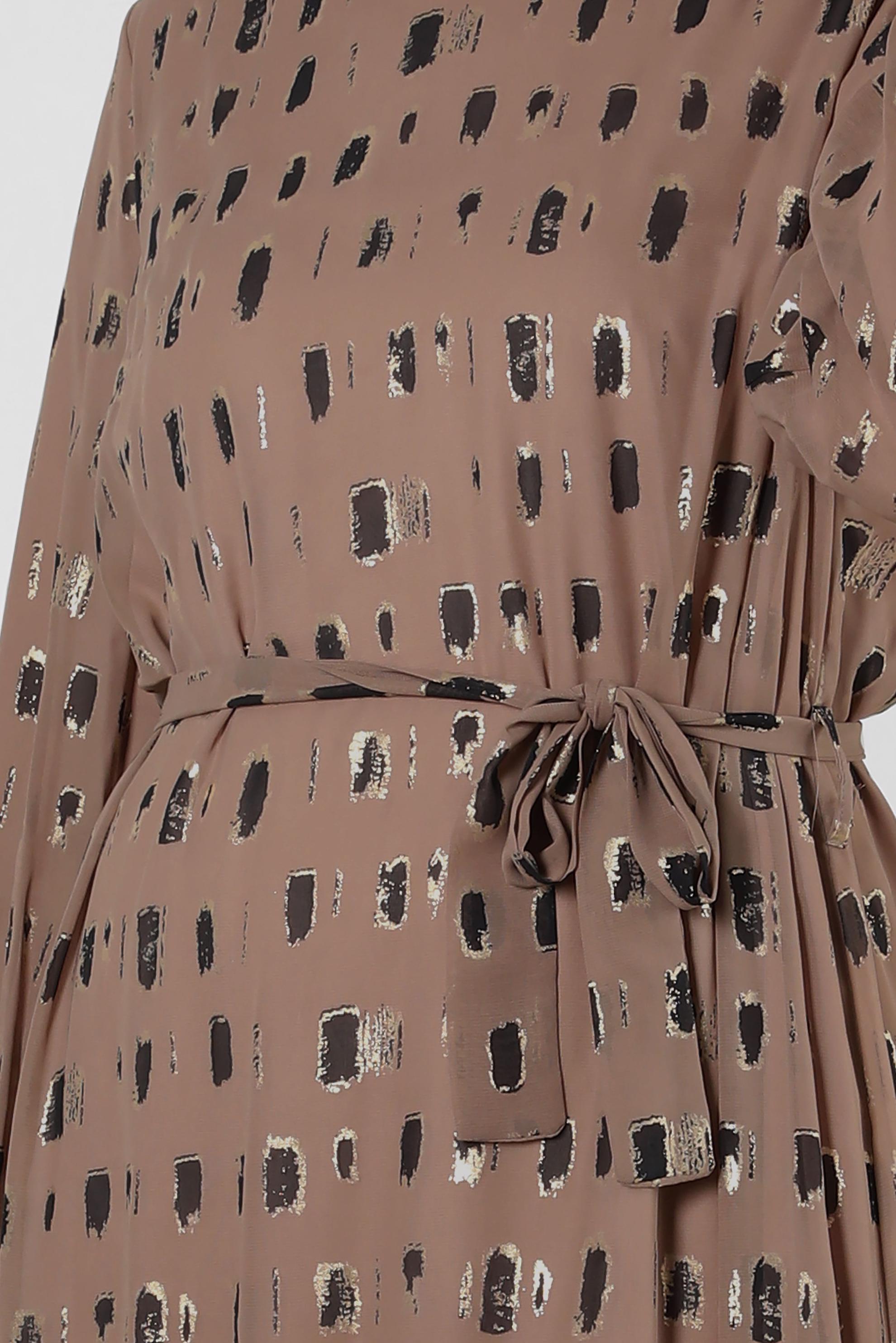 Vêtements hijab BRUN ROBE COL ROND MOTIF AVEC CEINTURE 20254