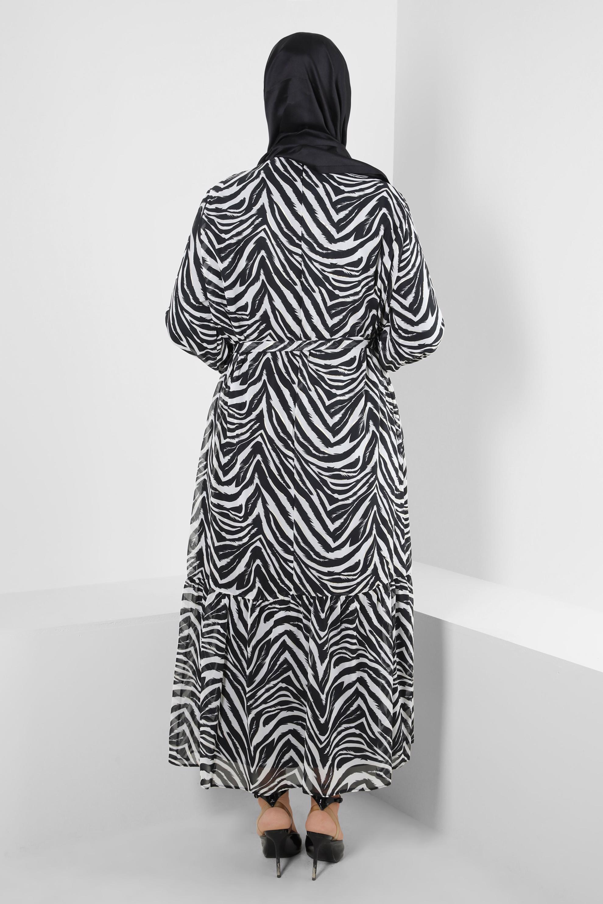 Tesettür giyim SİYAH ZEBRA DESENLİ KUŞAKLI ELBİSE 20254-1