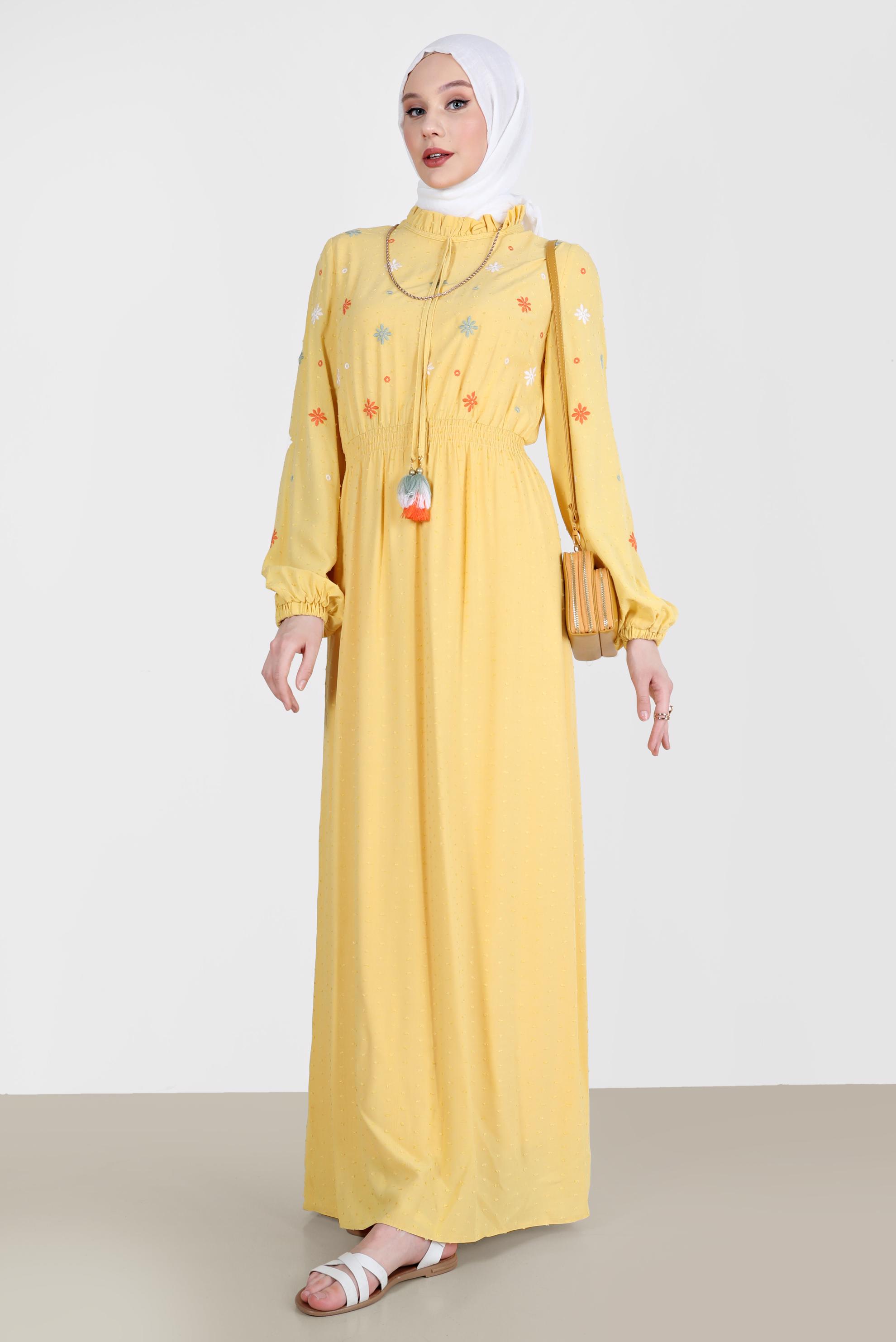 Tesettür giyim SARI YAKASI FIRFIRLI ÇİÇEK NAKIŞLI ELBİSE 41664 