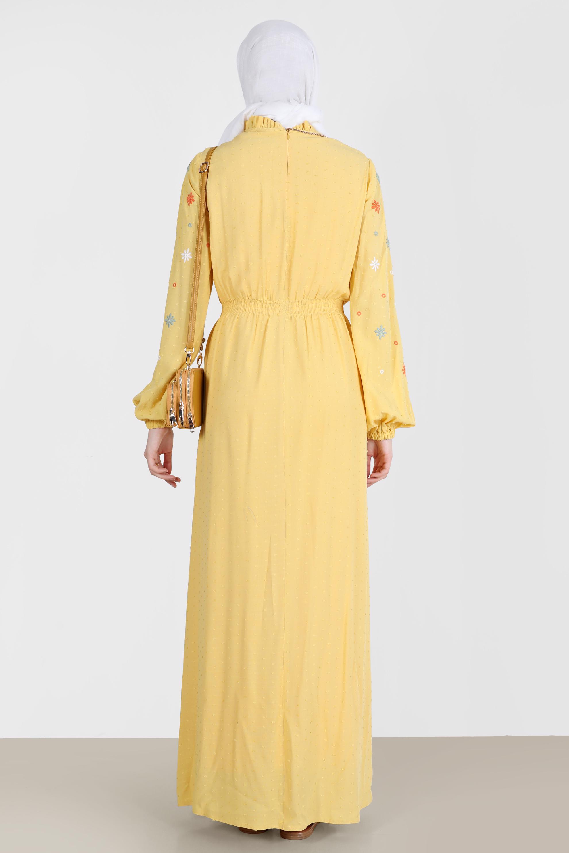 Tesettür giyim SARI YAKASI FIRFIRLI ÇİÇEK NAKIŞLI ELBİSE 41664 