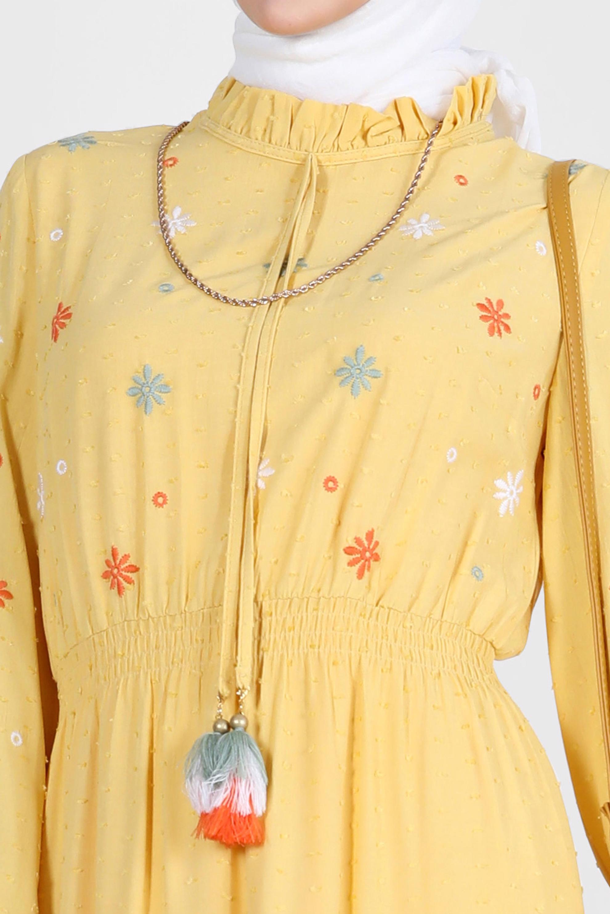 Tesettür giyim SARI YAKASI FIRFIRLI ÇİÇEK NAKIŞLI ELBİSE 41664 