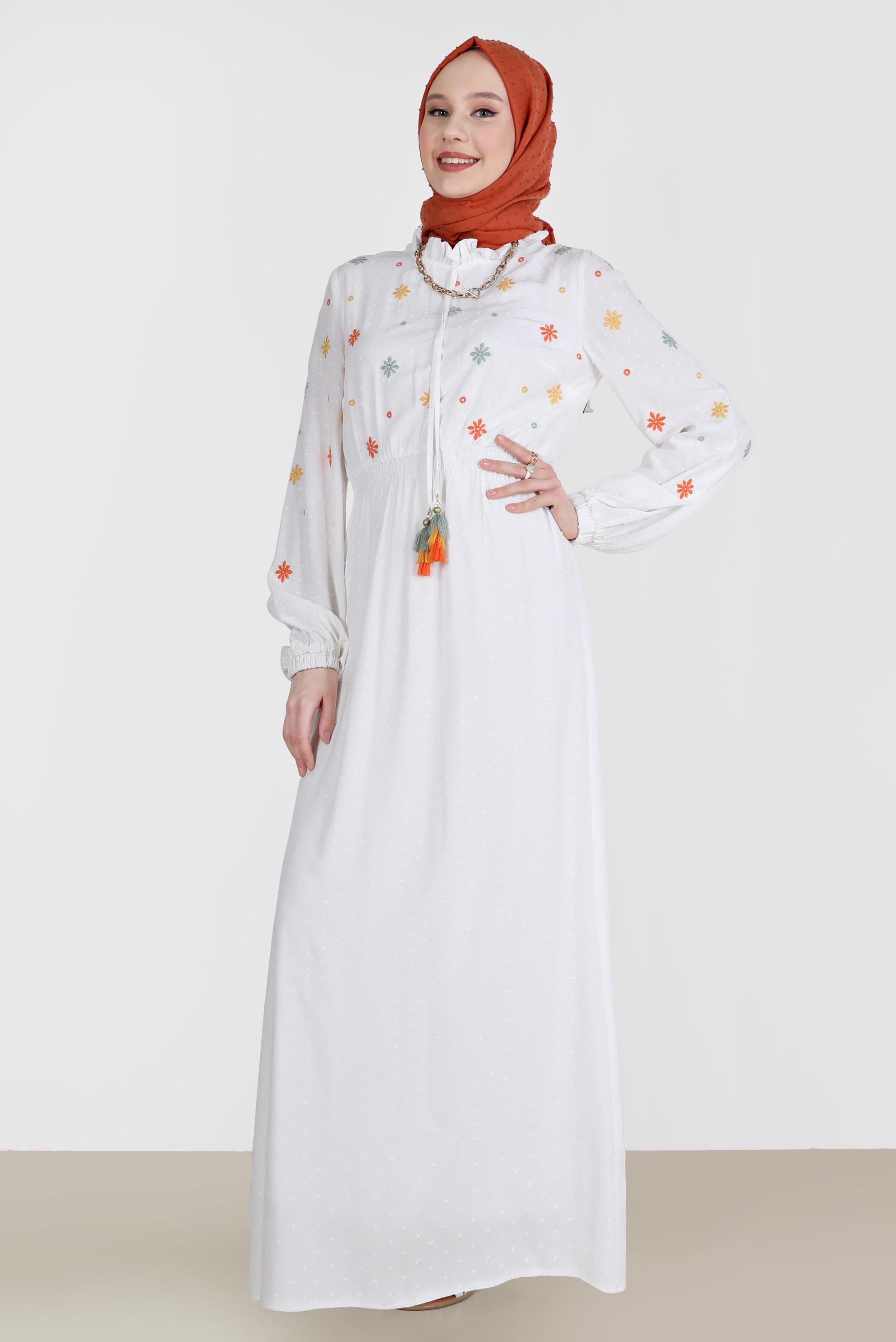 Tesettür giyim BEYAZ YAKASI FIRFIRLI ÇİÇEK NAKIŞLI ELBİSE 41664 