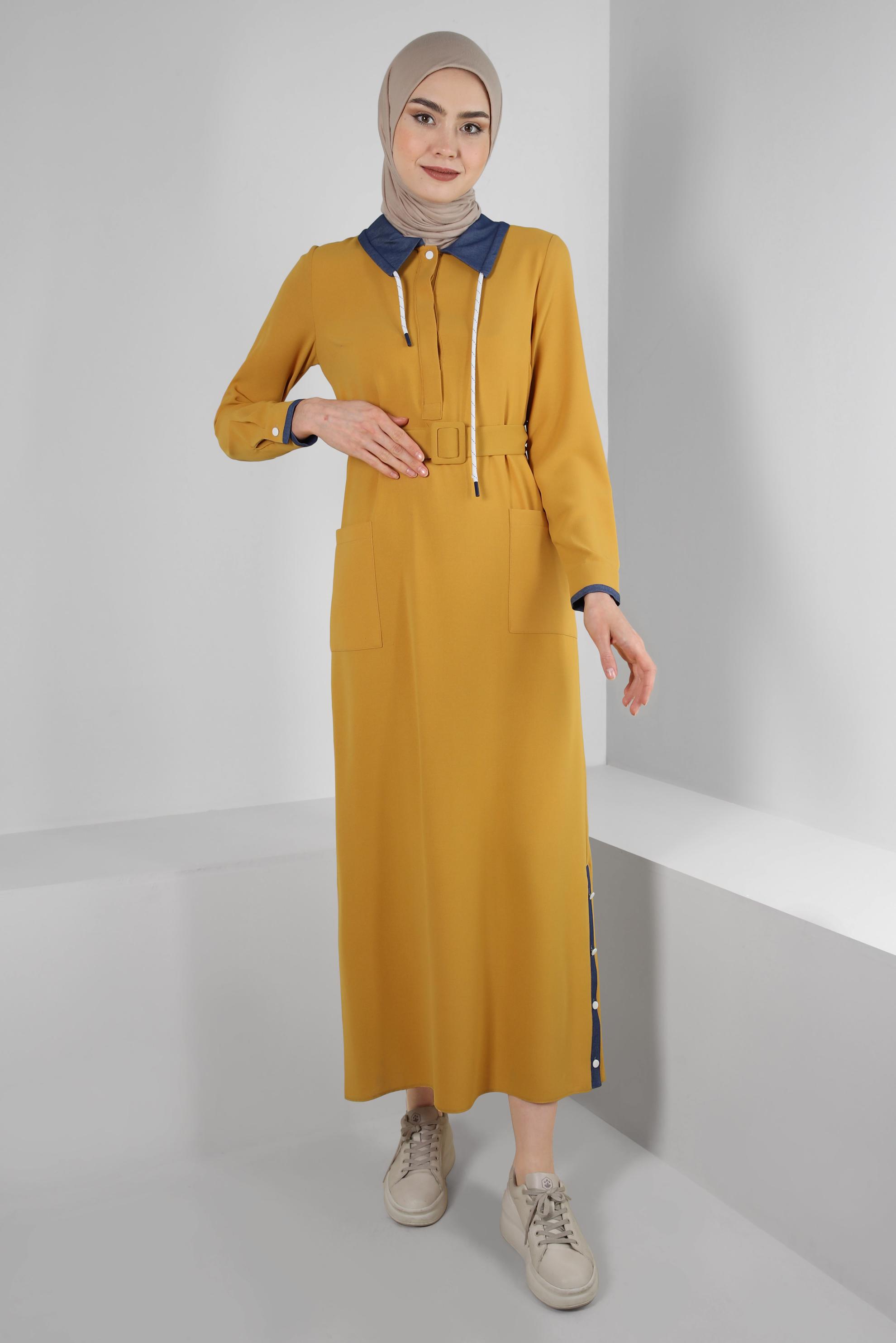 Tesettür giyim SARI ETEK UCU DÜĞMELİ KEMERLİ ELBİSE 41738 