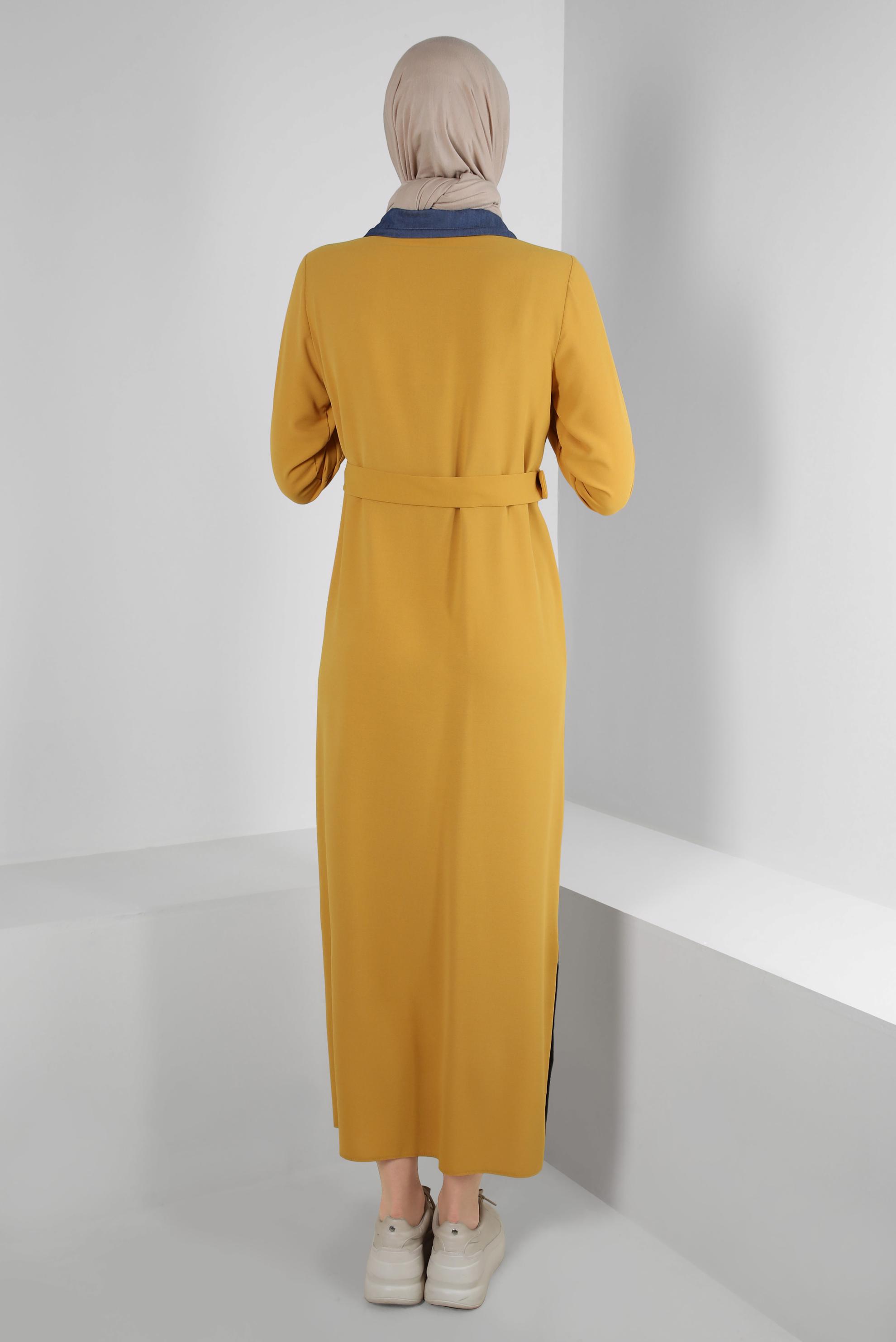 Tesettür giyim SARI ETEK UCU DÜĞMELİ KEMERLİ ELBİSE 41738 