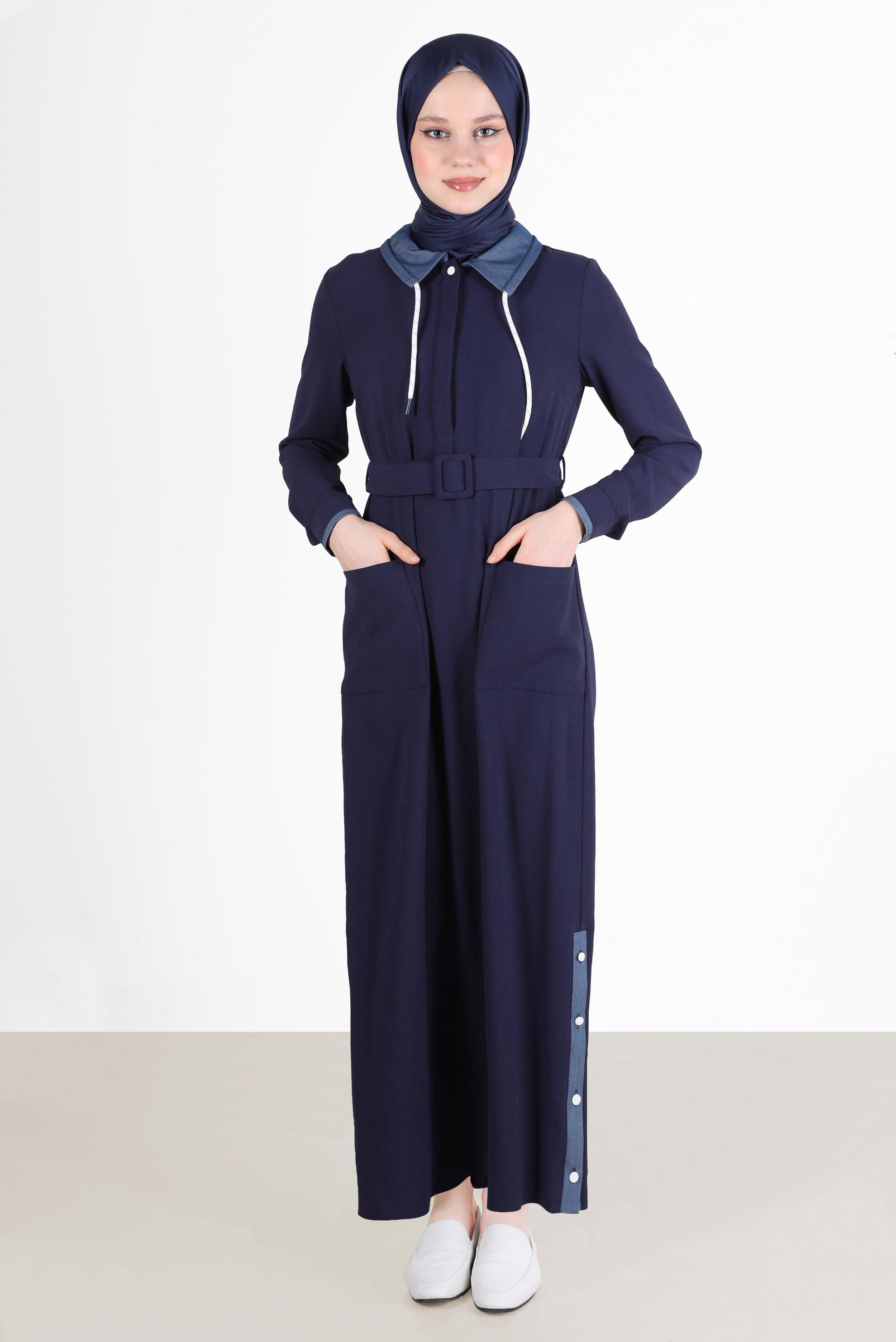 Tesettür giyim LACİVERT ETEK UCU DÜĞMELİ KEMERLİ ELBİSE 41738 