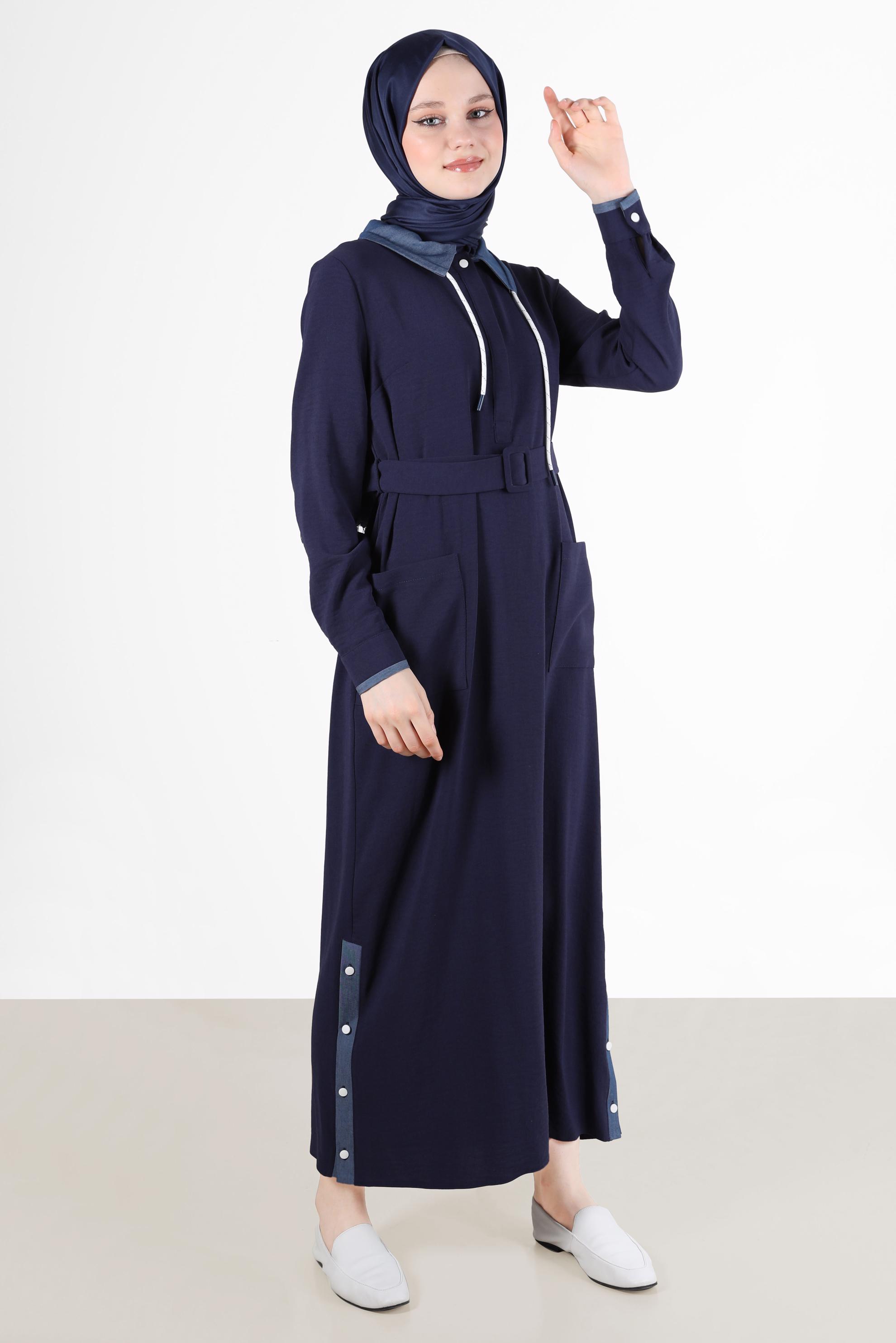 Tesettür giyim LACİVERT ETEK UCU DÜĞMELİ KEMERLİ ELBİSE 41738 