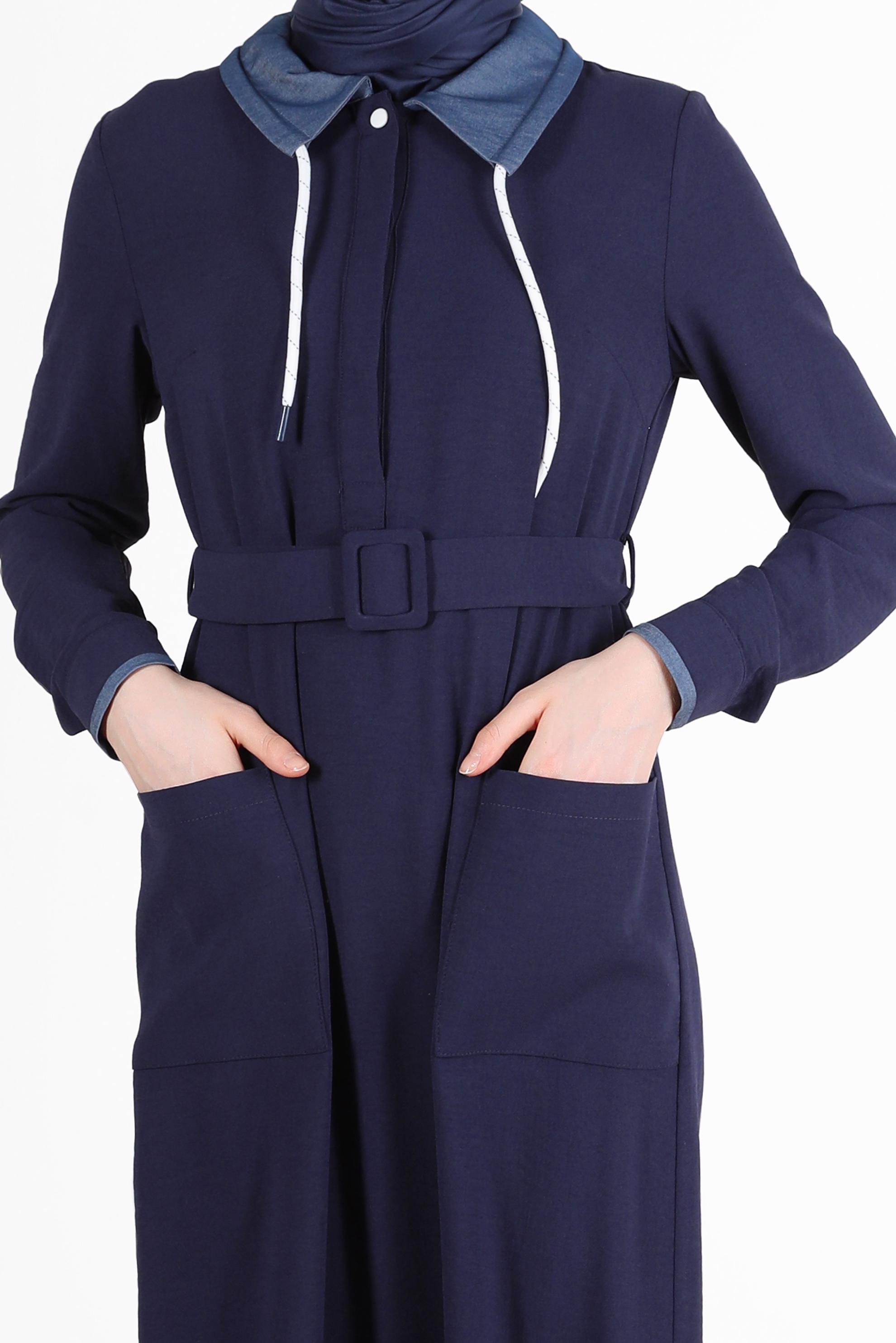 Tesettür giyim LACİVERT ETEK UCU DÜĞMELİ KEMERLİ ELBİSE 41738 