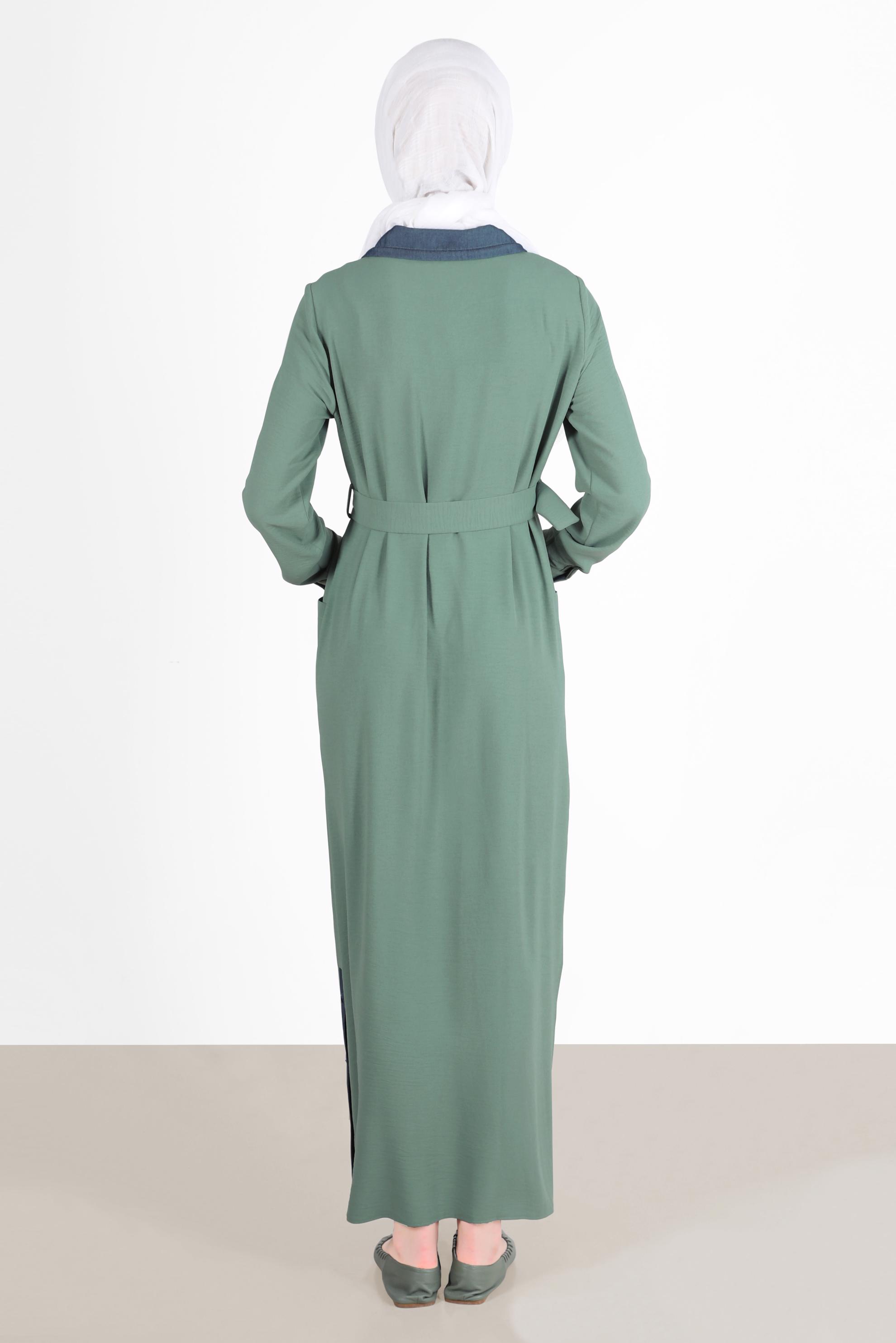 Tesettür giyim YEŞİL ETEK UCU DÜĞMELİ KEMERLİ ELBİSE 41738 