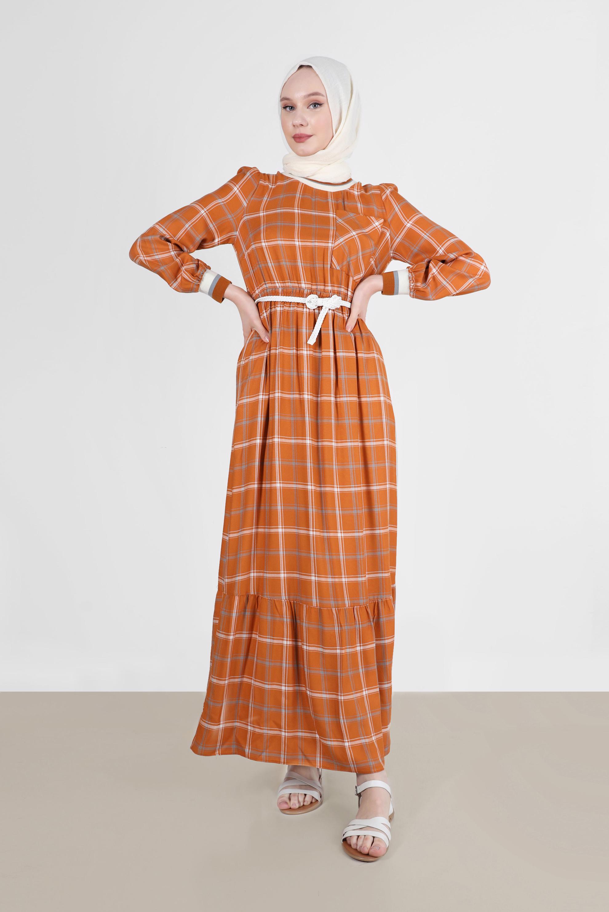 Tesettür giyim TURUNCU KEMERLİ EKOSE ELBİSE 41764 