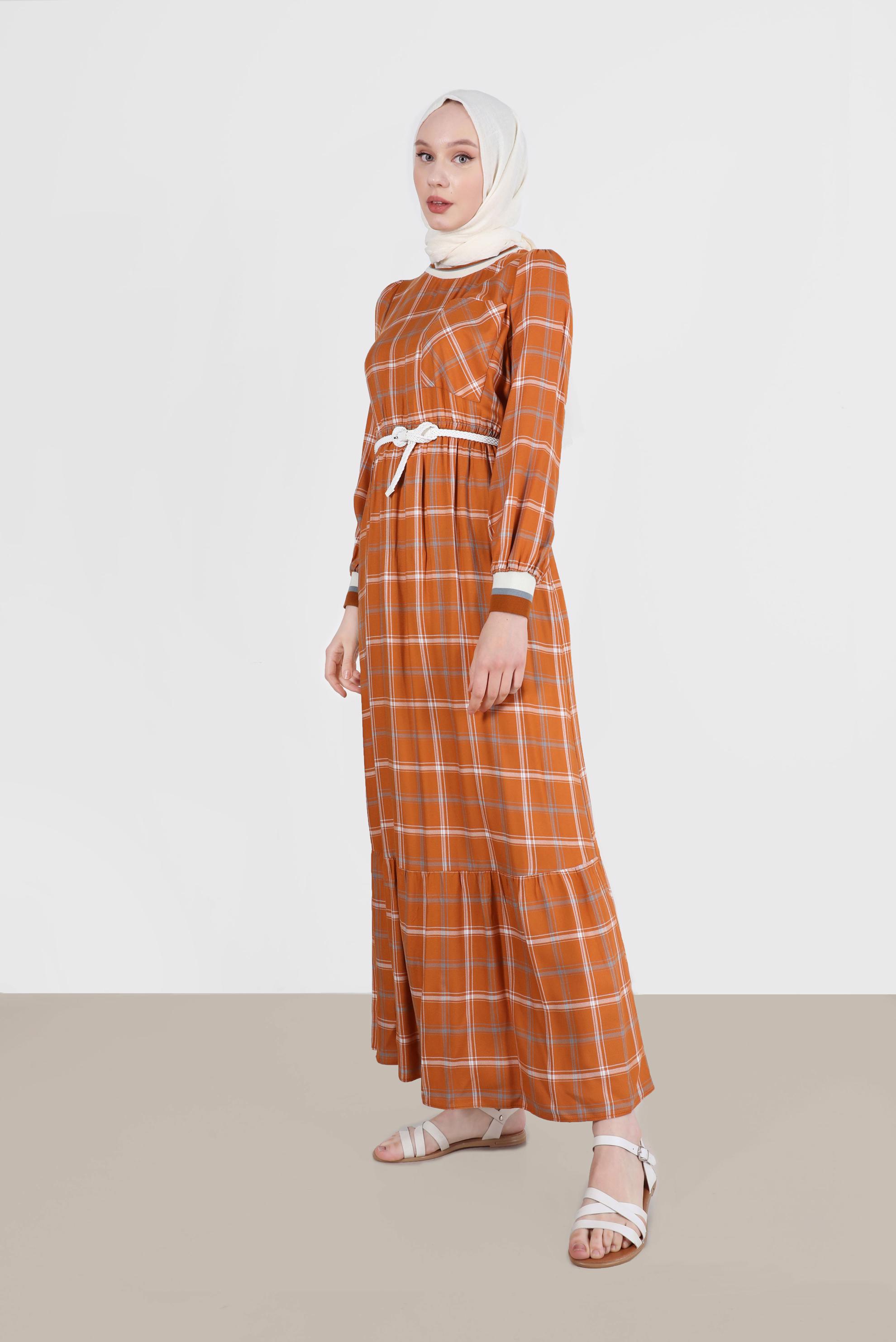 Tesettür giyim TURUNCU KEMERLİ EKOSE ELBİSE 41764 