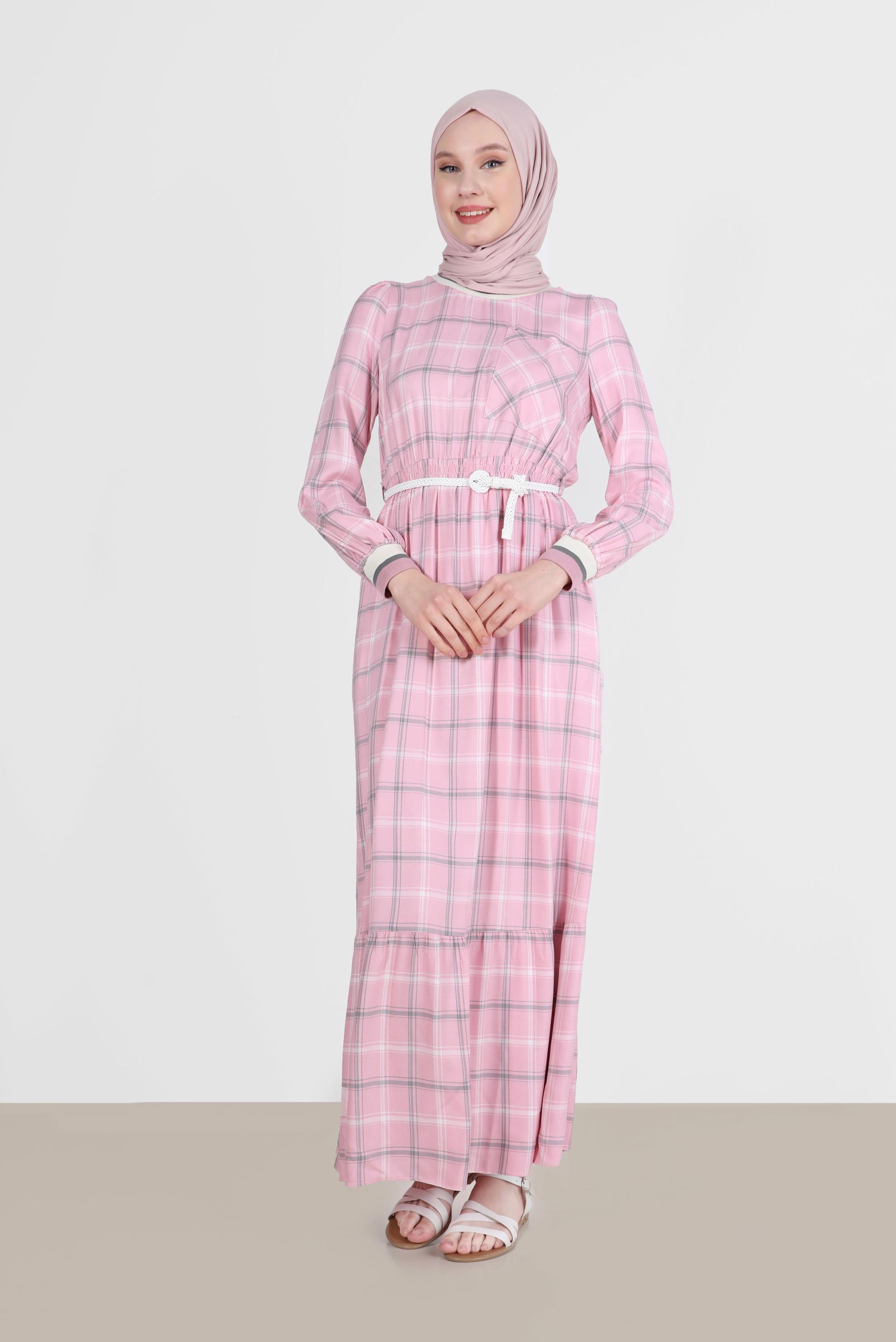 Tesettür giyim PEMBE KEMERLİ EKOSE ELBİSE 41764 