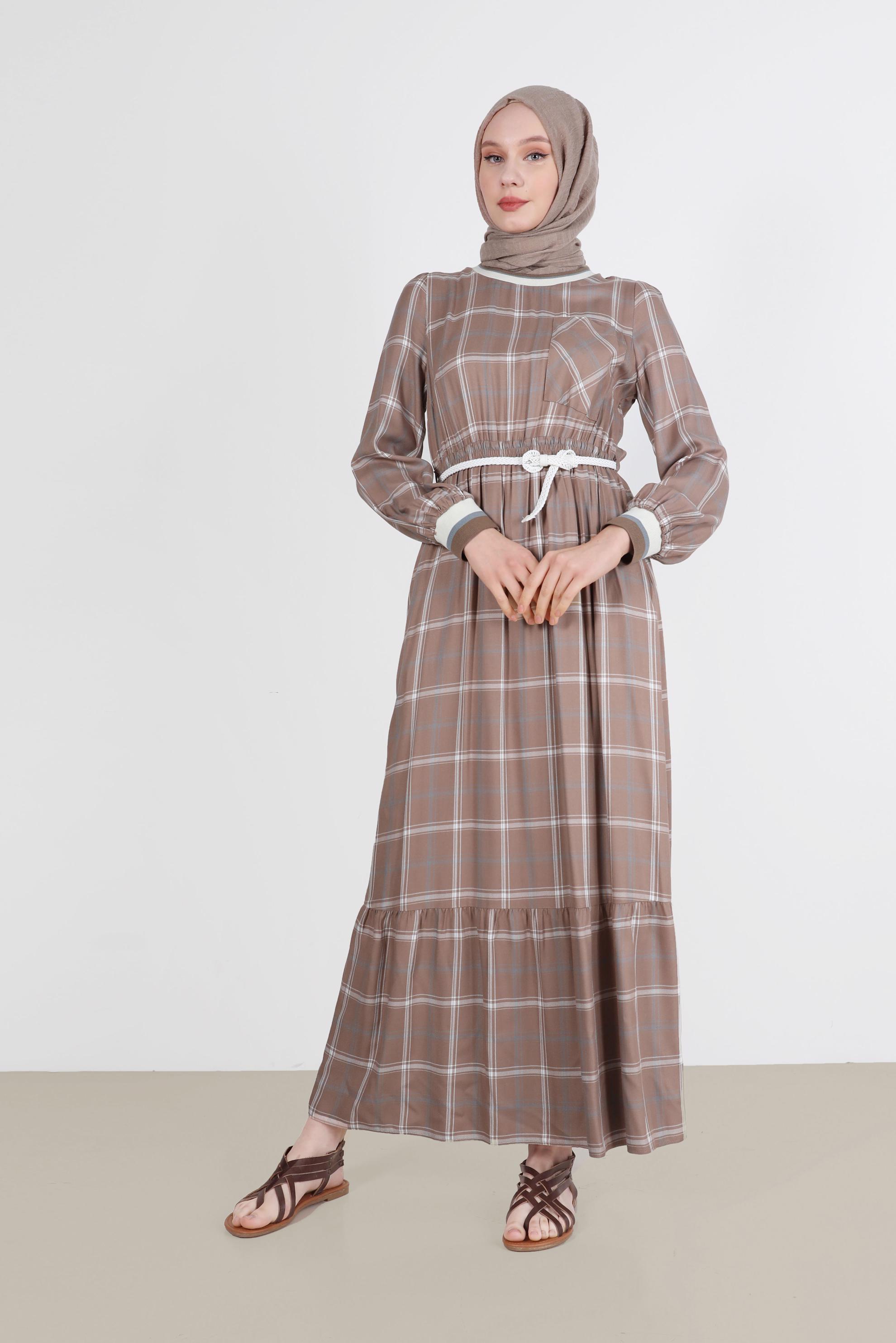 Tesettür giyim VİZON KEMERLİ EKOSE ELBİSE 41764 