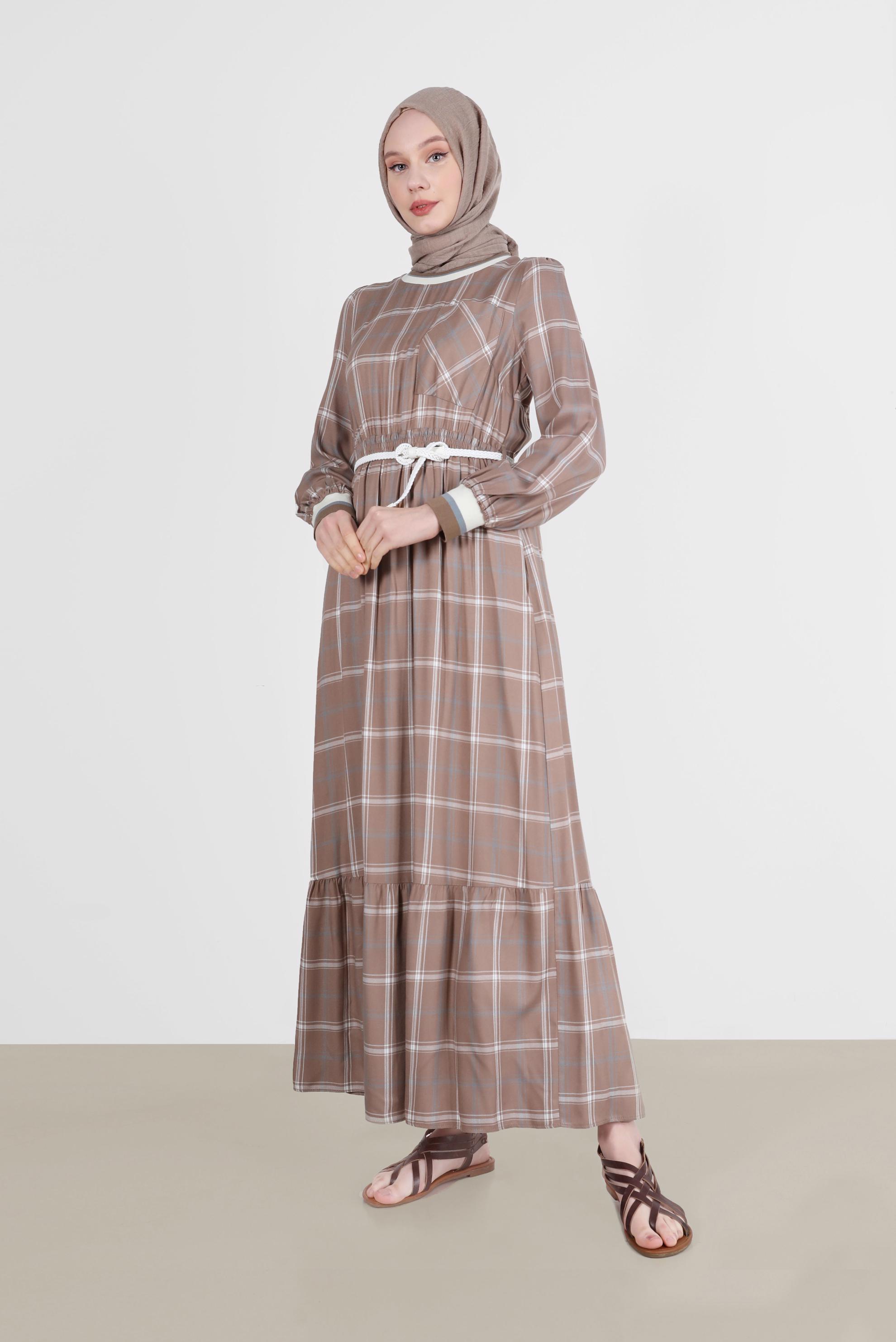 Tesettür giyim VİZON KEMERLİ EKOSE ELBİSE 41764 