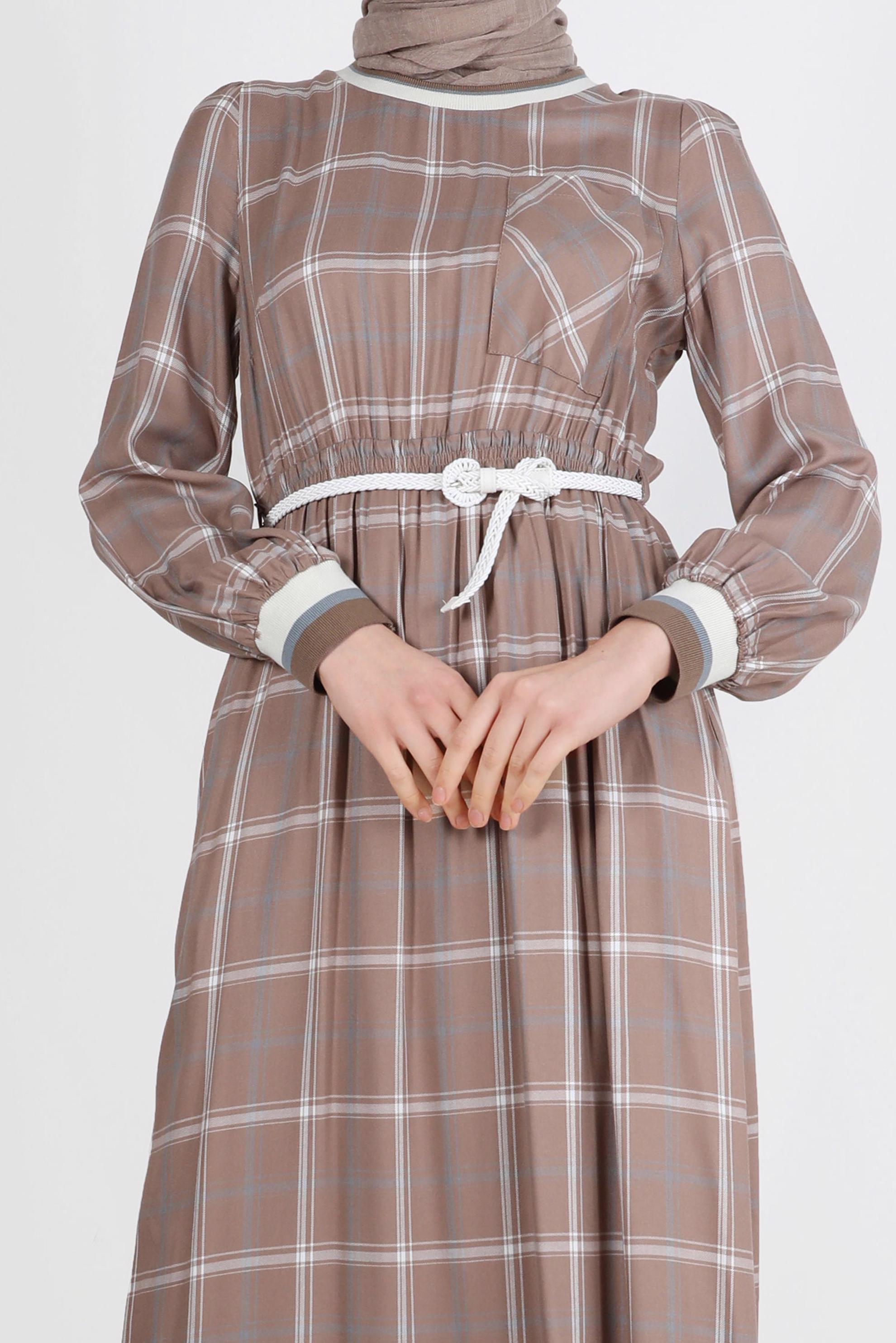 Tesettür giyim VİZON KEMERLİ EKOSE ELBİSE 41764 