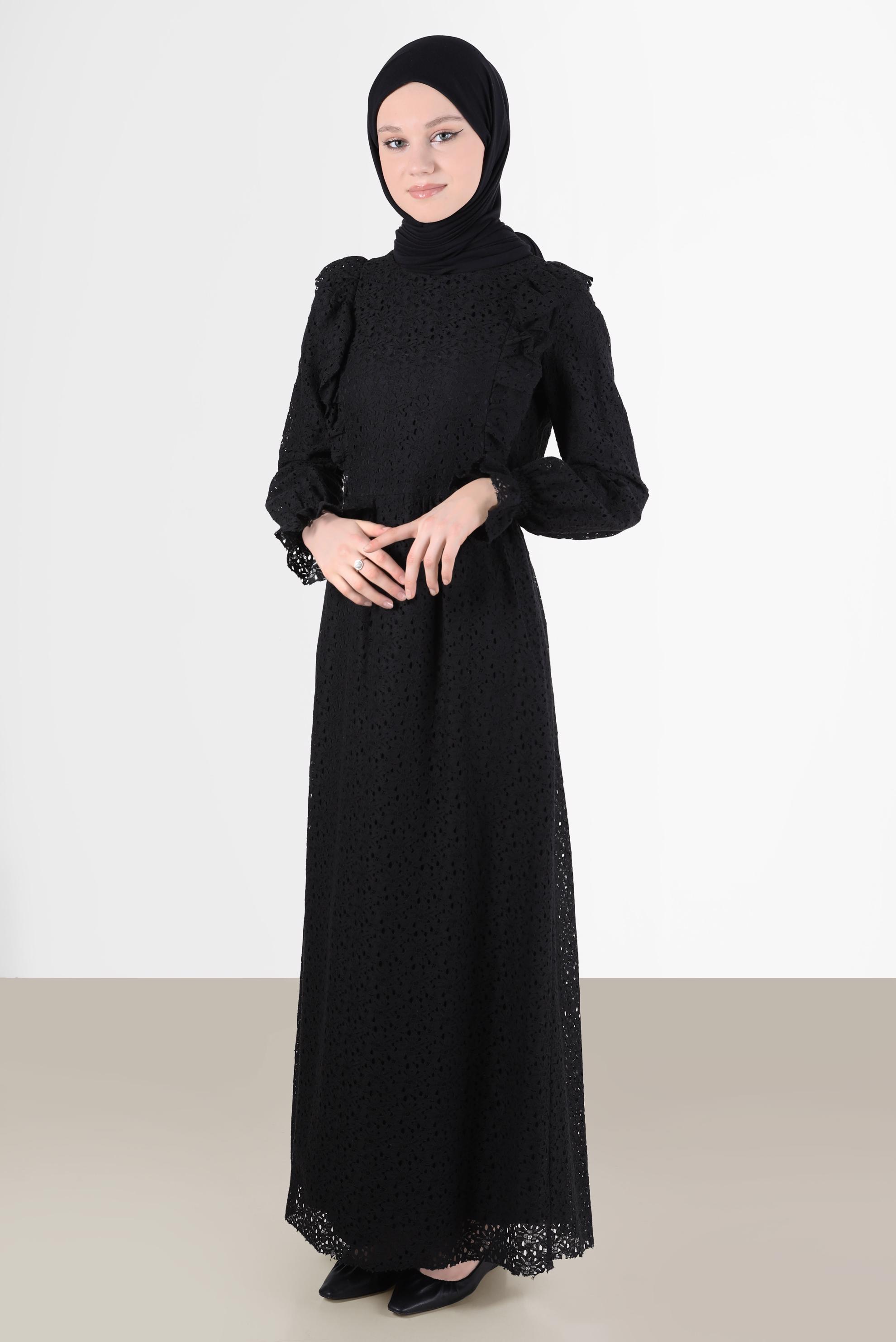 Tesettür giyim SİYAH FIRFIRLI DANTEL ELBİSE 42412 